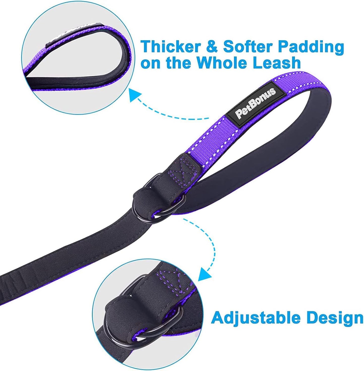 PetBonus Short Dog Leash, Safety Wrist Strap for Retractable Dog Leash, Reflective Design and Adjustable Soft Padded Handle, Extra Layer Security for Pet Stroller (Purple)