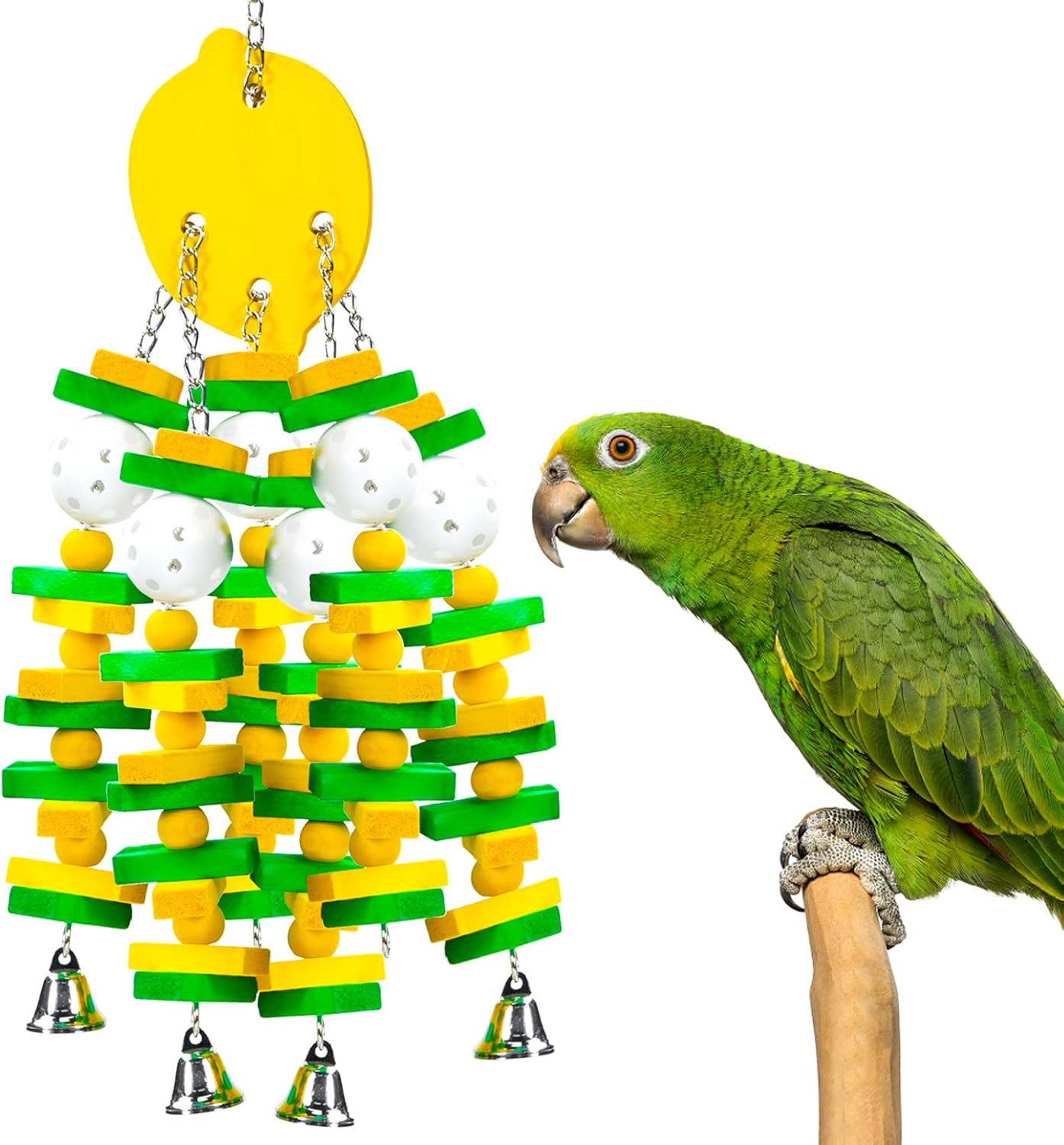 MEWTOGO Parrot Toys, Safe Healthy Parrots Cage Chewing Toy with Colorful Wood Blocks Crisp Bells for Macaws African Grey and Amazon Parrots (Lemon Style)