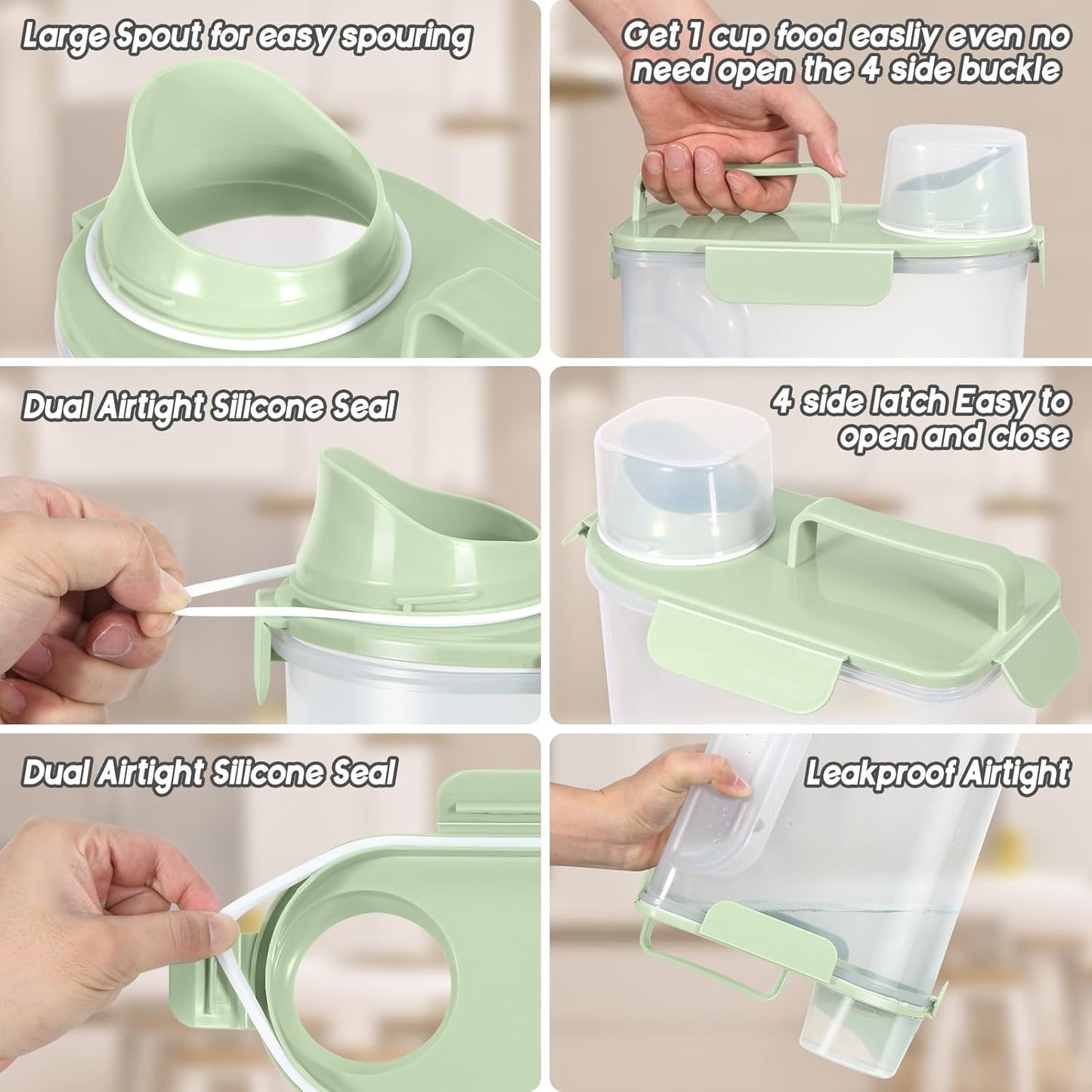 5-7Lbs Dog Cat Food Storage Container with Upgraded Large Nozzle BPA-free, 4 Snap Seals Plastic Pet Food Storage Containers with Handles (2, Light Green, 5L)