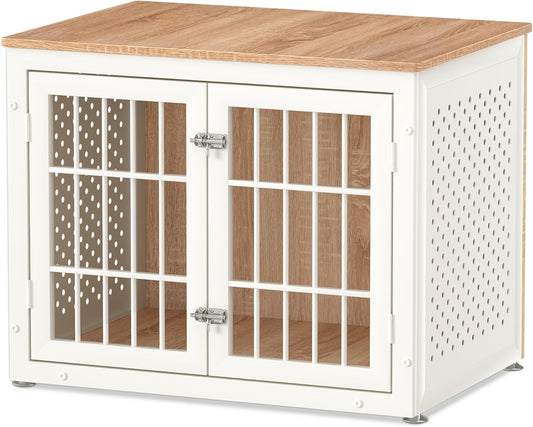 32" Heavy Duty Dog Crate Furniture for Small and Medium Dogs, Metal Kennel for High Anxiety Dogs, Chew Proof Pet Cage Indoor, Decorative Dog Kennel End Table, White