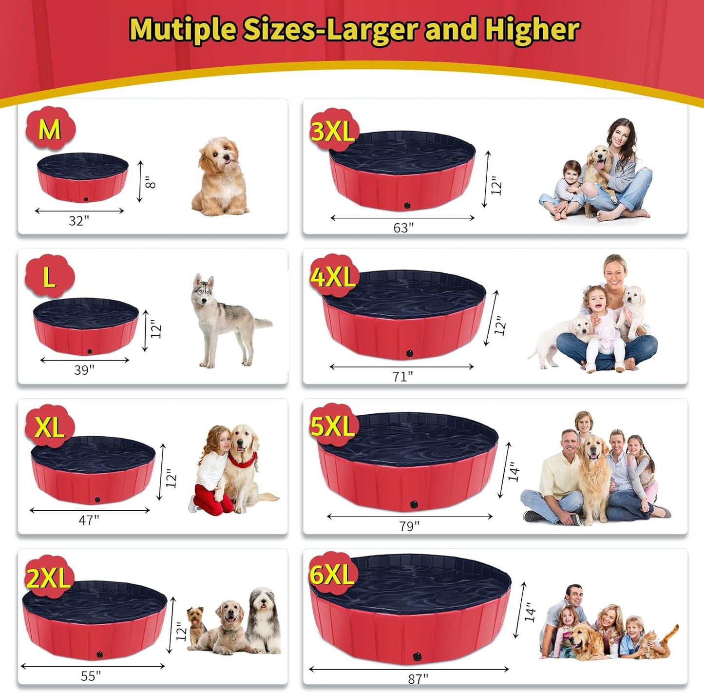 Foldable Dog Pool, 71" x 14" Large Kiddie Pool with Hard Plastic, Non-Slip Dog Bath Tub for Outdoor Backyard, Collapsible Dog Swimming Pool for Kids Dogs Pets (Red)
