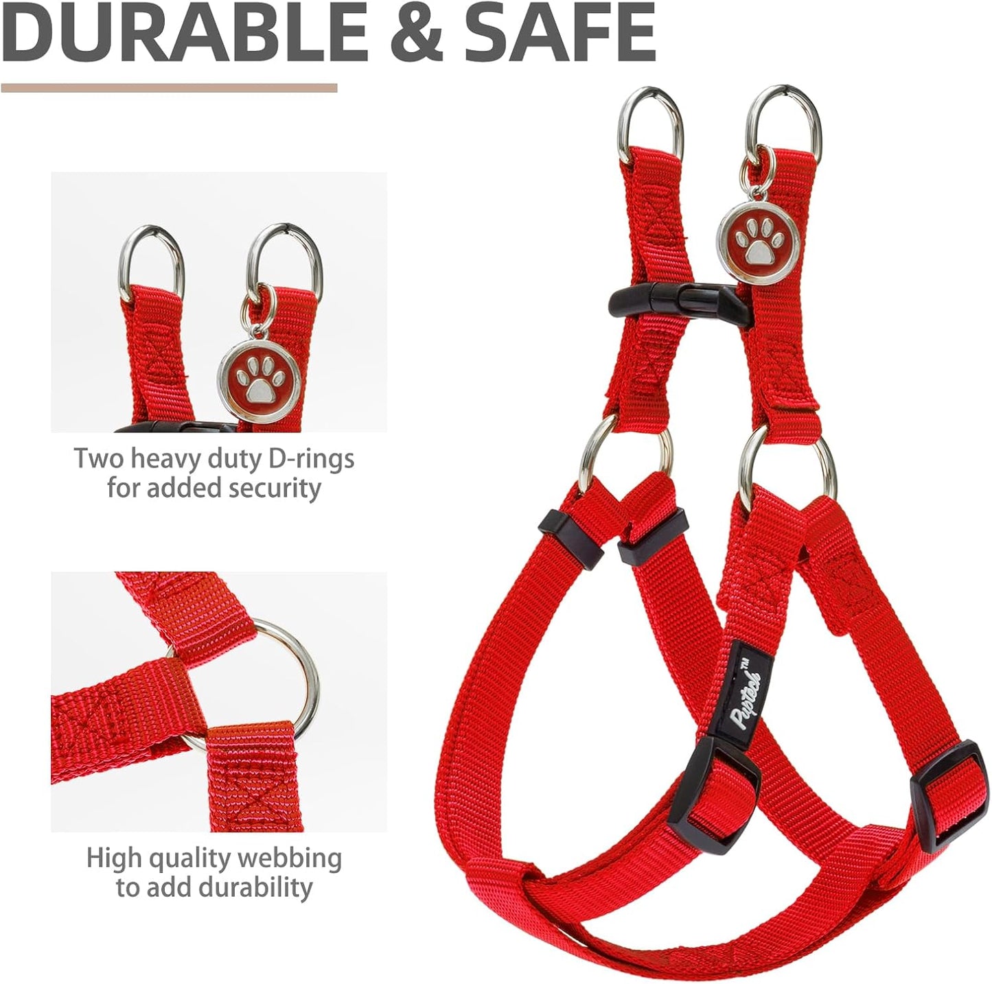 PUPTECK No Pull Dog Harness Soft Adjustable Basic Nylon Step in Puppy Vest Outdoor Walking with ID Tag and A-ir Tag Case, Red, S