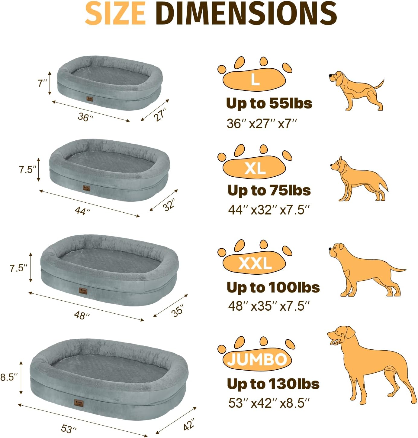 Orthopedic Washable Large Dog Bed: Cooling Dog Bed with Bolsters - Jumbo Bed Waterproof Removable Cover Non-Slip Pet Bed for Extra Large Sized - Grey