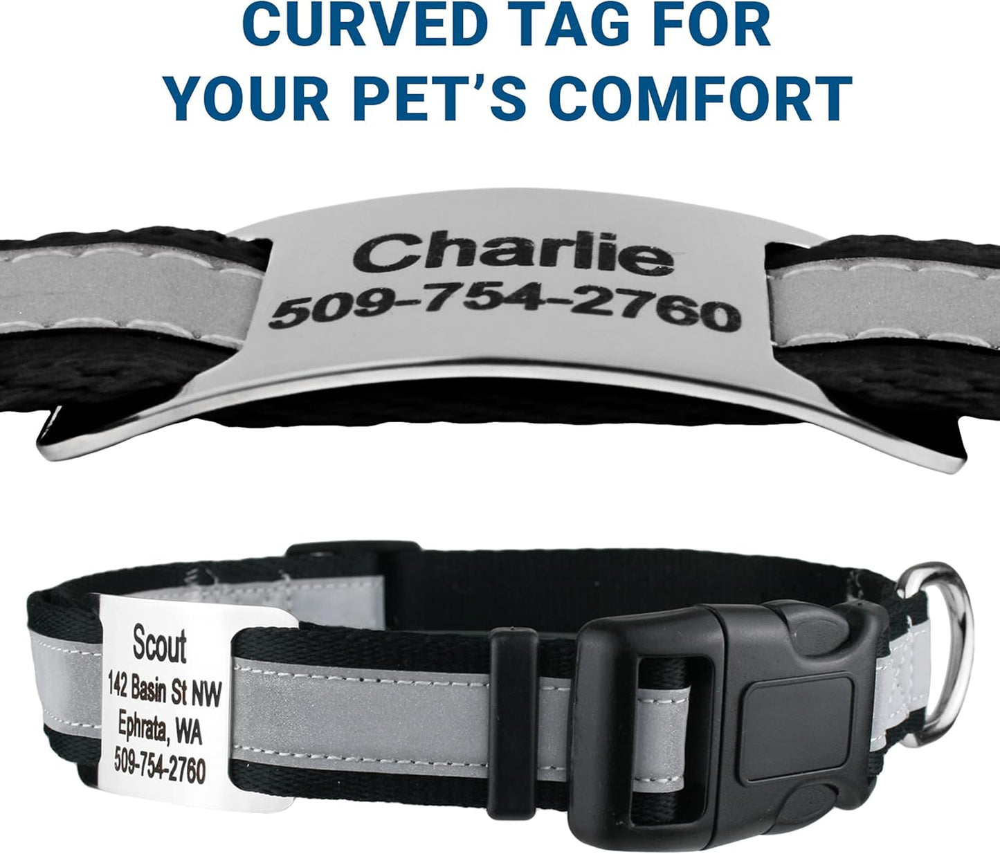 GoTags Reflective Personalized Dog Collar with Nameplate, Adjustable Dog Collar with Custom Engraved Steel Slide On Pet ID Tag, Silent, No Noise Dog Tag for Large Medium or Small (Black, Medium)