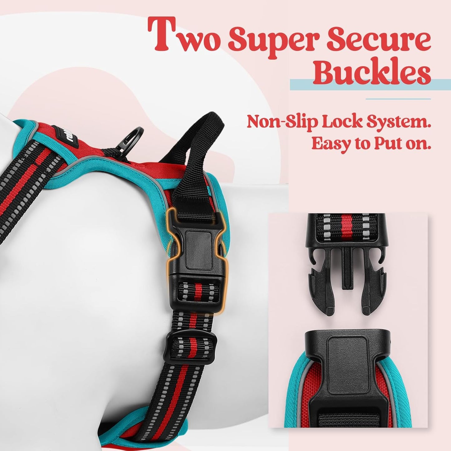 rabbitgoo Dog Harness No Pull with 2 Leash Clips, Adjustable Soft Padded, Reflective Oxford No Choke Pet Vest with Easy Control Handle for Medium Sized Dogs, Red & Teal, M
