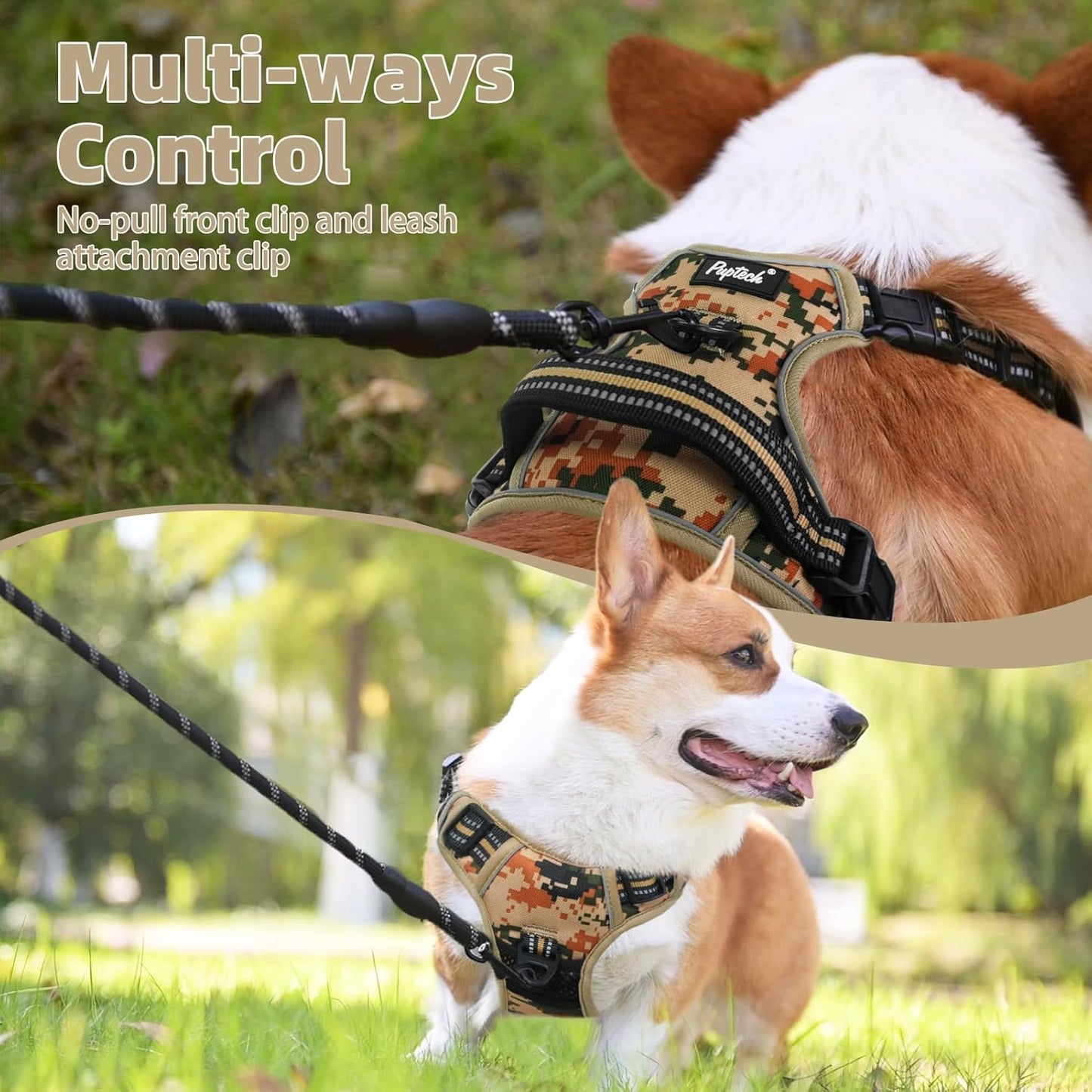PUPTECK No Pull Dog Harness Small Sized, Adjustable Reflective Dog Harness with Handle Easy Control, Comfortable Soft Padded Pet Vest Harness for Small Dogs, Camouflage S