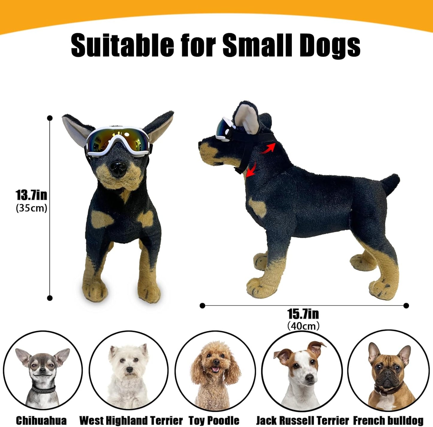 Dog Goggles Small Breed Dog Sunglasses with Adjustable for UV Protection Eyewear Doggy Doggie Puppy Glasses Anti-Fog Wind Dust Snowproof (White Frame Red Lens)