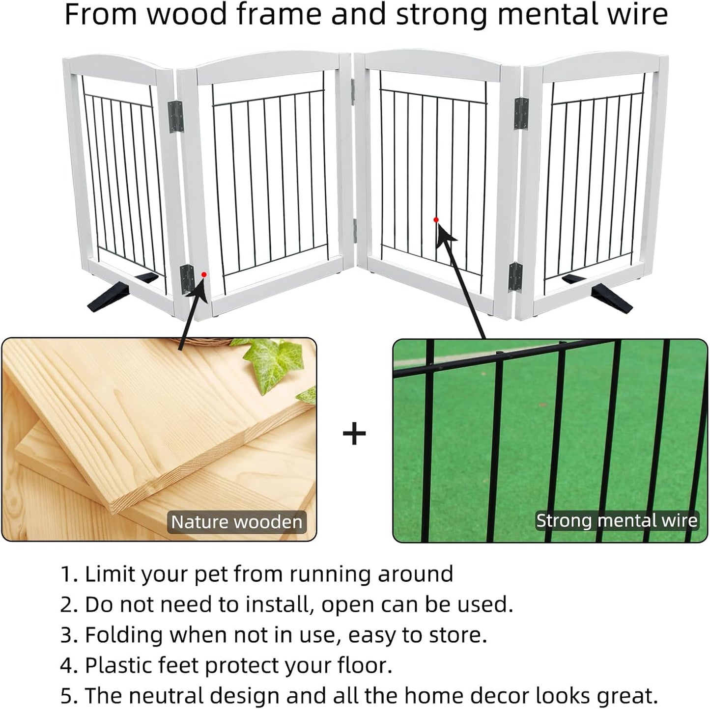 ZJSF Freestanding Dog Fence Indoor, Foldable Dog Gate for Doorways, Stairs or Hallways, Sturdy Wood Extra Wide Pet Gate with Support Feet for The House, White, 32 "Height-4 Panels