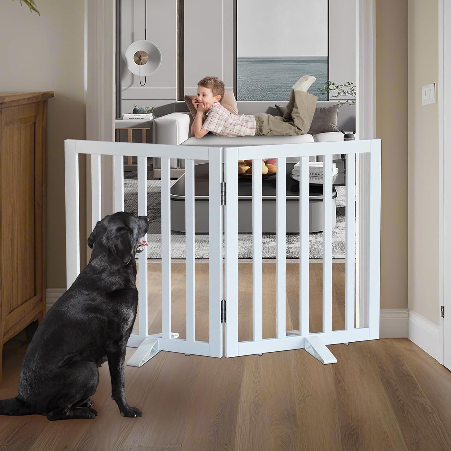 ZJSF Freestanding Indoor Dog Gate for House Foldable Wood White Puppy Gate for Doorways Pet Gate for Stairs Extra Wide Pet Fence 24" Height 2 Panels