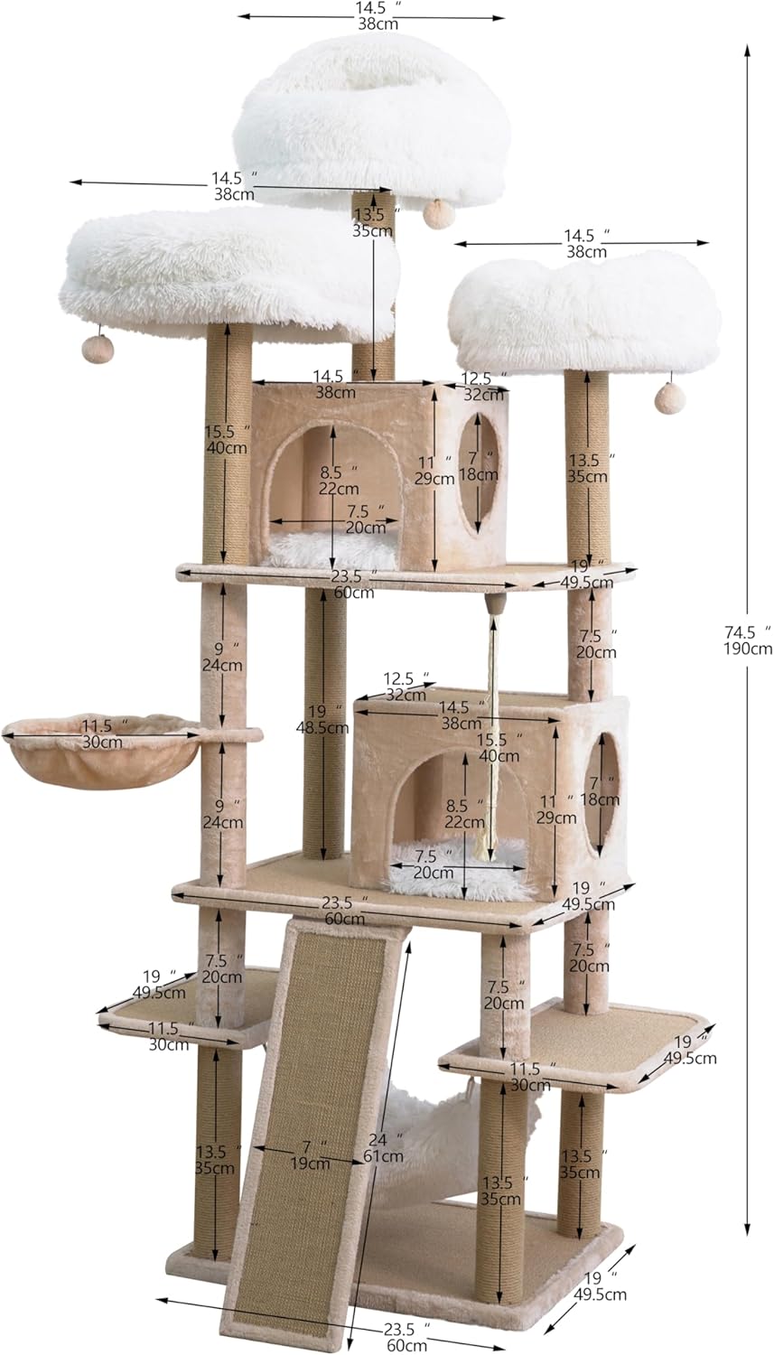 Catry 74.5" High 7-Level Extra Large Cat Tree with 2 Condos,2 Hammock,3 Washable Top Beds, Scratching Ramp Pad, Replaceable Scratching Posts, for Multi-Cat Homes (Light Brown &White)