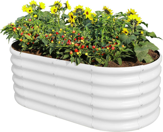 Land Guard 18“ Tall 4×2ft Galvanized Raised Garden Bed Kit, Galvanized Planter Garden Boxes Outdoor, Oval Large Metal Raised Garden Bed for Vegetables……… (Pearl White, 4×2×1.5ft)