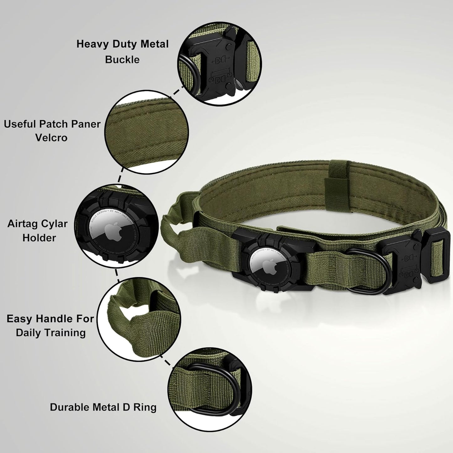 Tactical AirTag Dog Collar - Heavy Duty, Adjustable GPS Collar Compatible with Apple AirTag, with Holder & Control Handle for Medium/Large Dogs [ Green, L ]