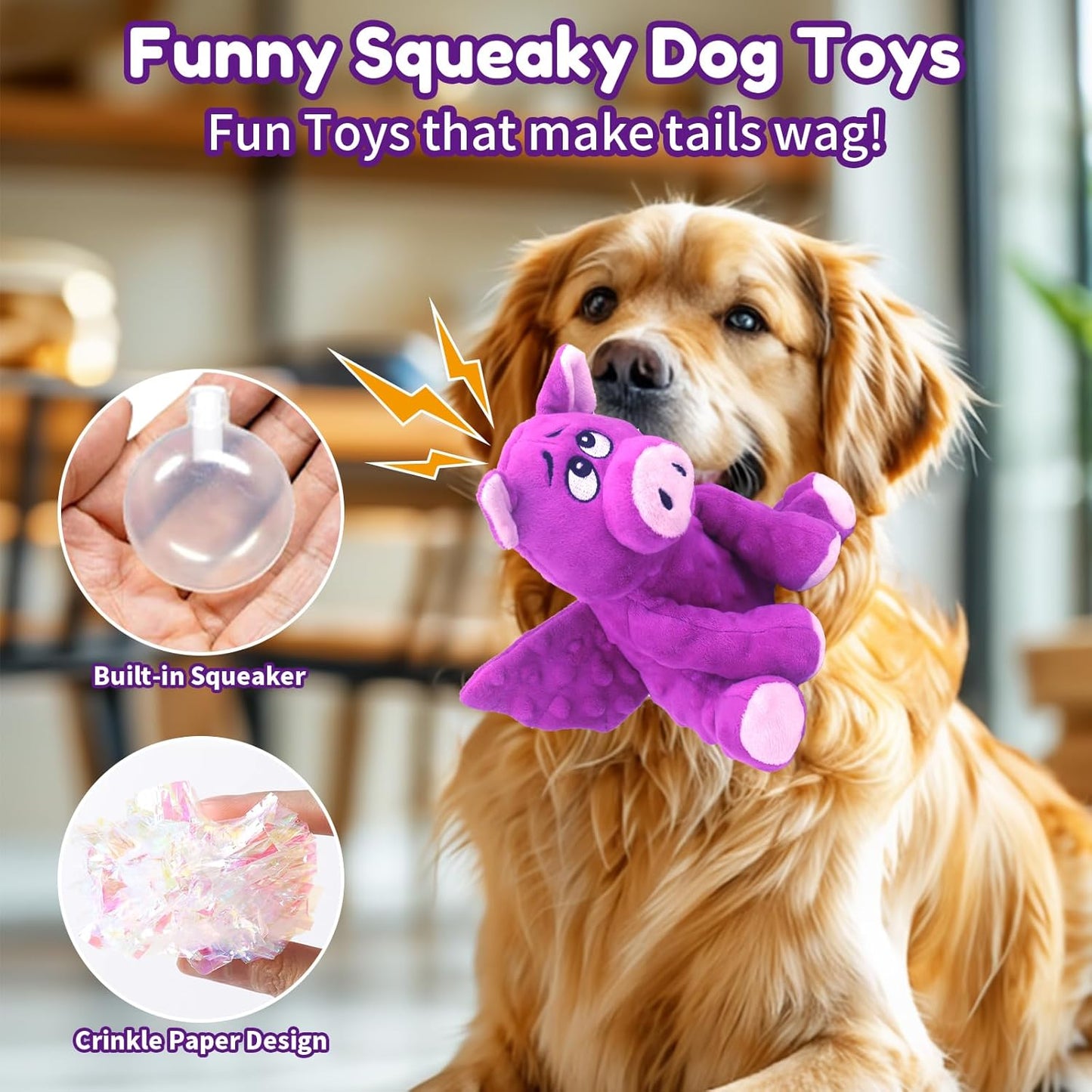 Large Squeaky Dog Toys, Plush Dog Toys with Crinkle Paper to Keep Them Busy, Stuffed Tough Chew Toys for Small Medium and Large Dogs