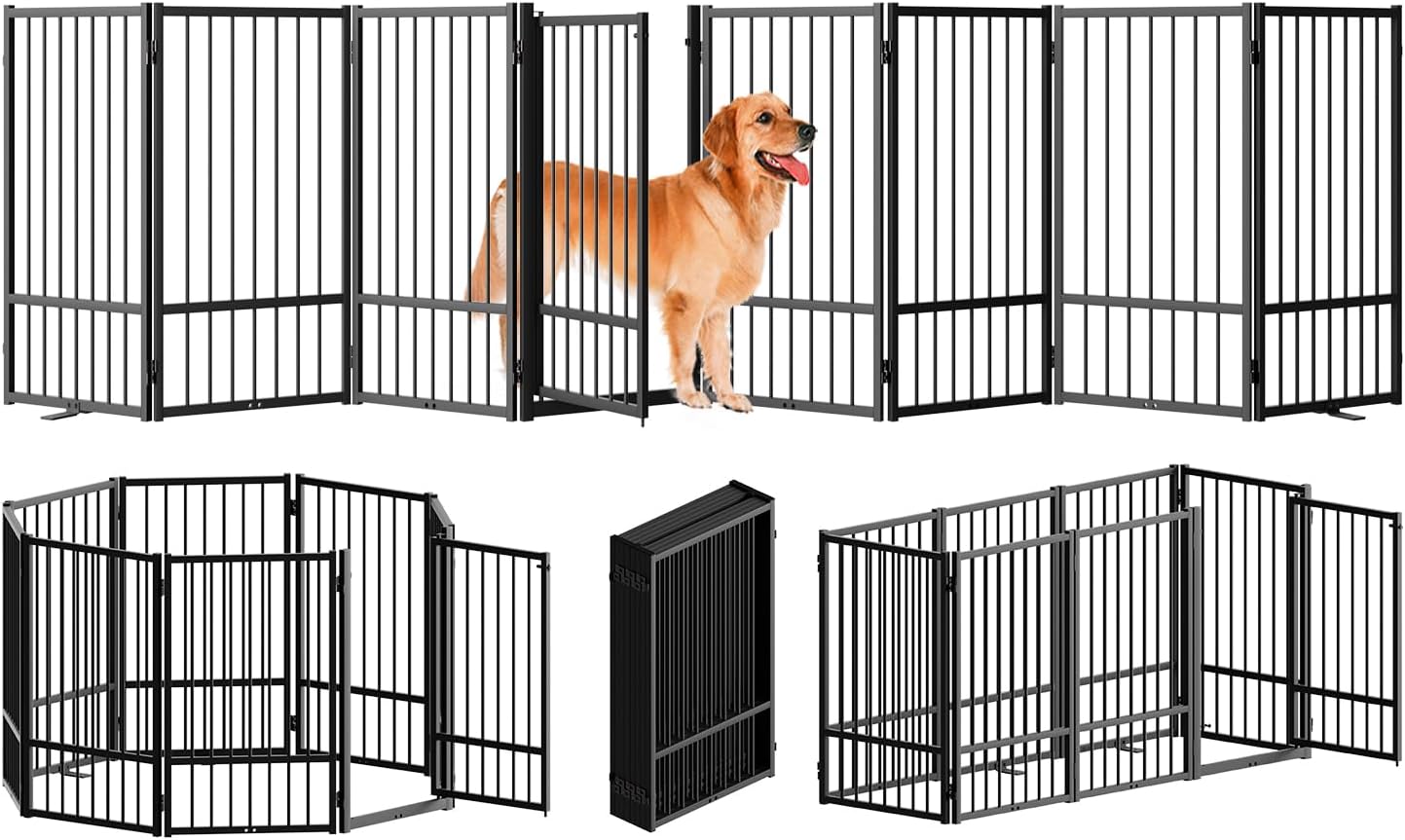 Full Metal Freestanding Dog Gate with Door, 32''Height Foldable Pet Dog Fence for Indoor & Outdoor, 8 Panels Extra Wide Free Standing TallDog Gates for Doorways,House,Stairs,Porch,Deck,Yard