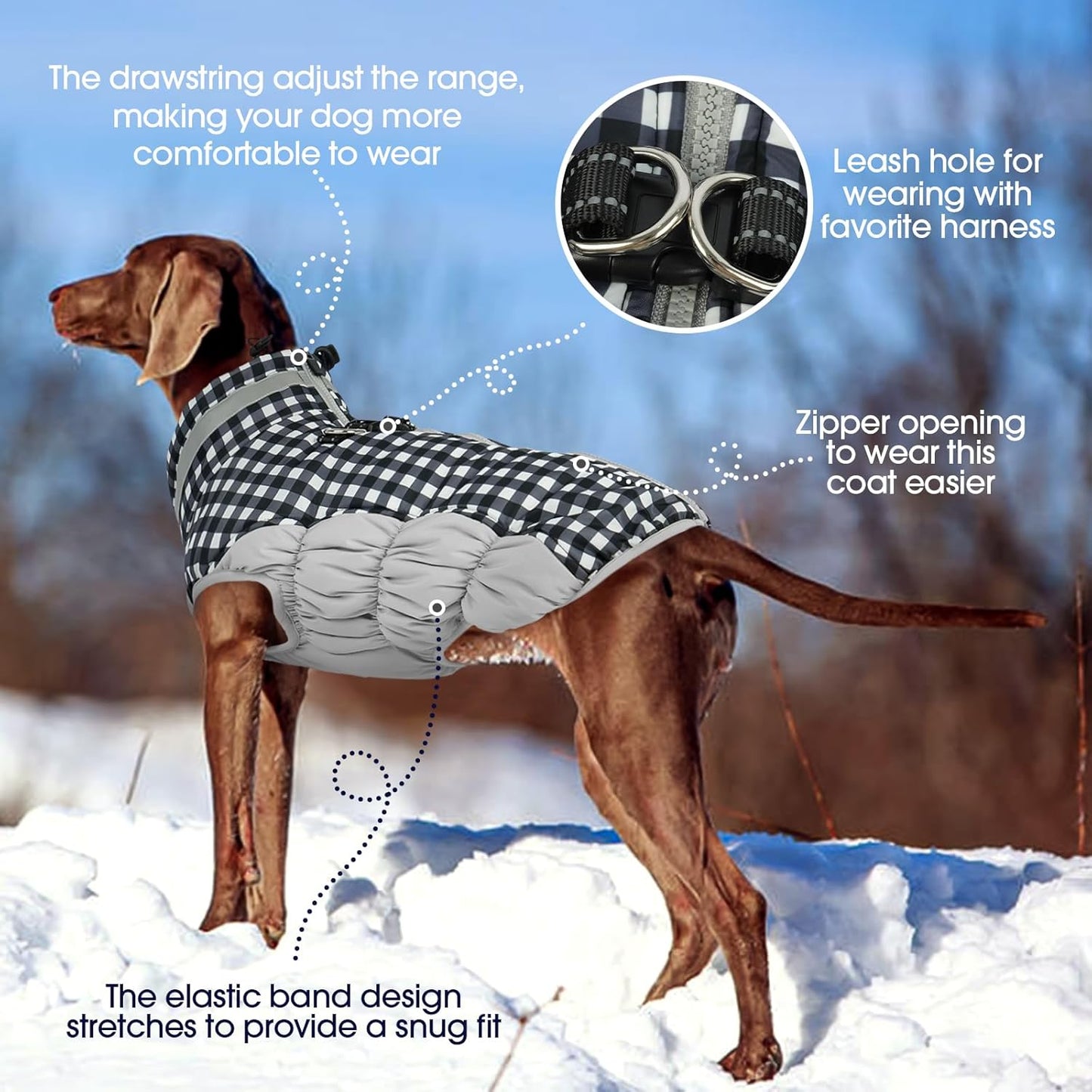 FUAMEY Dog Coat for Large Dogs,Waterproof Dog Winter Jacket with Harness Built in Puppy Cold Weather Coats Reflective Pet Vest with Zipper Warm Fleece Dogs Snowsuit Windproof Checkerboard 3XL