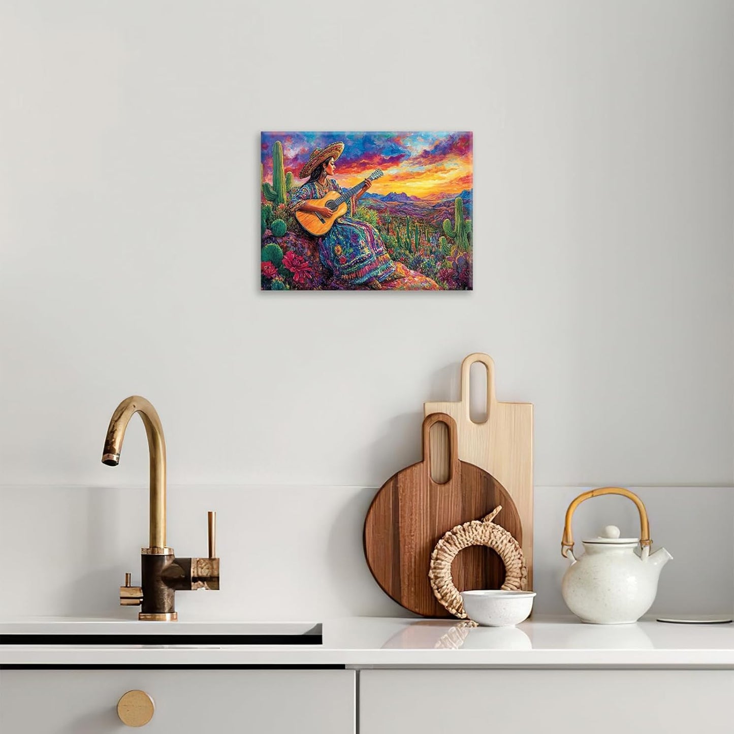 Mexican Women Pictures Wall Art, Cactus Landscape Bathroom Wall Decor, Nature Scenery Aesthetics Framed Painting Desert Modern Canvas Artwork for Bathroom Bedroom Living Room Decorations 24"L x 16"W