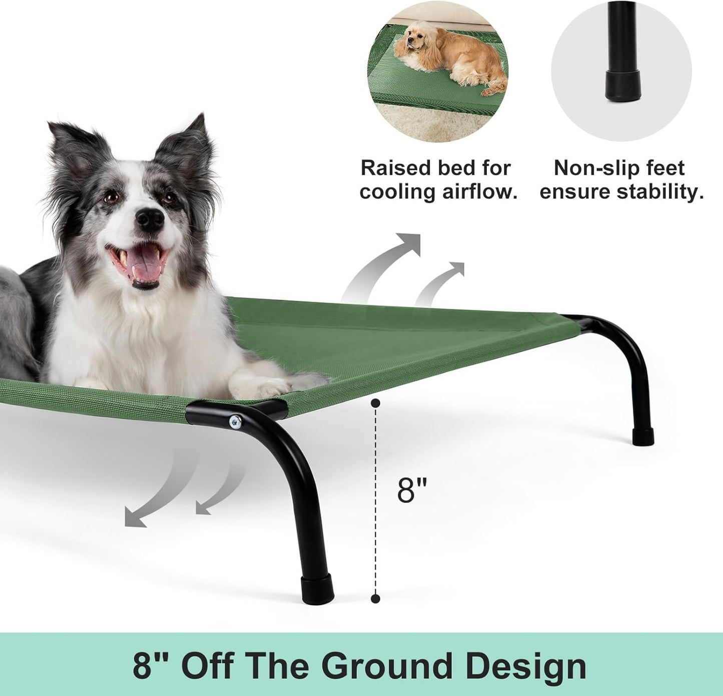 Cooling Elevated Dog Bed for Extra Large Dogs with Non-Slip Floor Protectors & Breathable Mesh, XL Raised Indoor & Outdoor Dog Cot Hammock, 54" L x 35.5" W x 8" Th, X-Large, Green