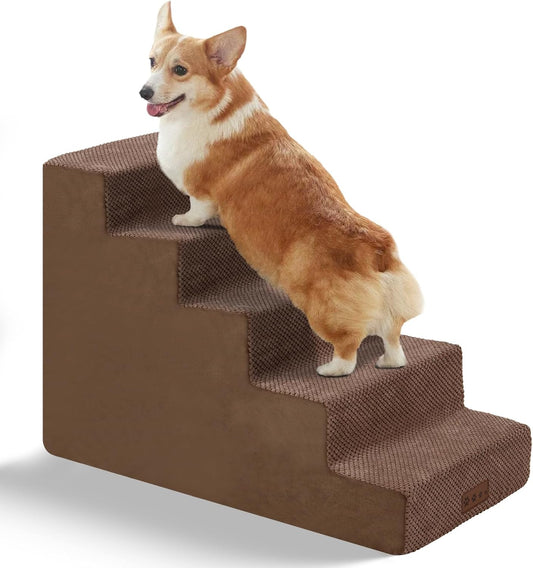 GGIB Dog Stairs for Small Dogs Cats Non-Slip Dog Steps for High Bed Pet Stairs for Sofa Couch Pet Ramp Pet Steps with Removable Washable Cover, Brown, 22" H, 5-Step