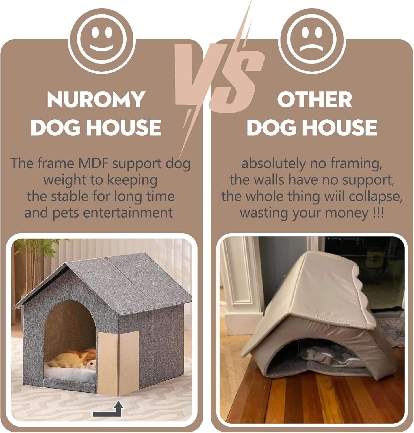Indoor Dog House with Washable Plush Cushion - Small Size, Suitable for Small Dogs & Adult Cats