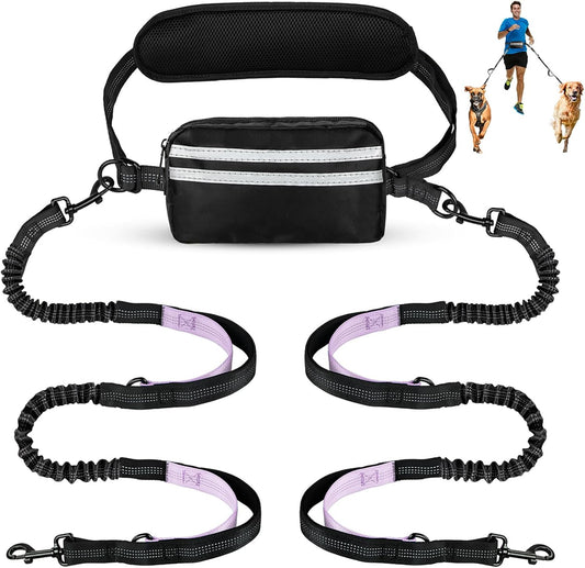 Hands Free Dog Leash with Pouch, Double Leash for Two Dogs, Retractable Bungee with Double Padded Handles, Dog Waist Leash for Dog Walking, Running Leash for Dogs, Dog Walking Accessories