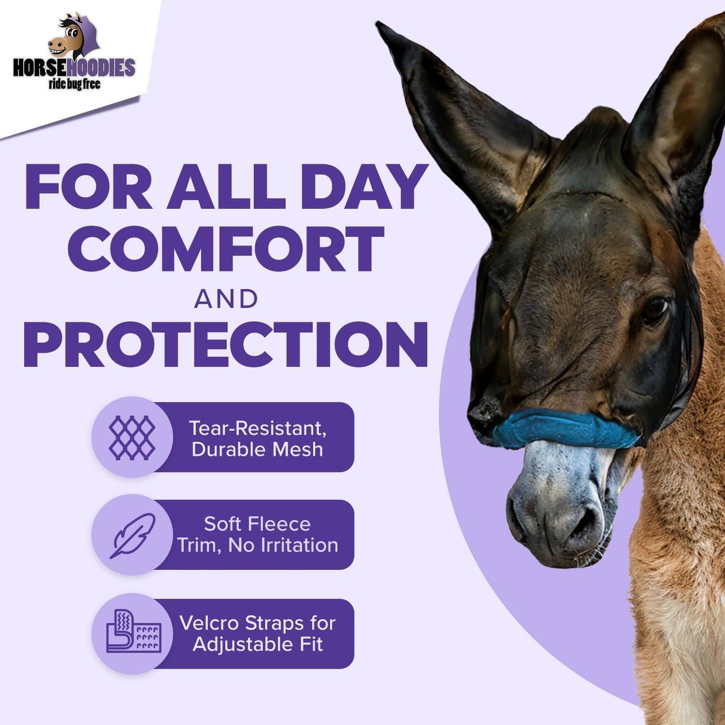 Donkey Fly Mask with Long Ears (Purple) Made in USA - Mule Fly Mask with Ears Protection from Insects and Bugs, Mini Donkey Soft Mesh Fabric with Adjustable Fastener, Face Cover Supplies for Donkeys