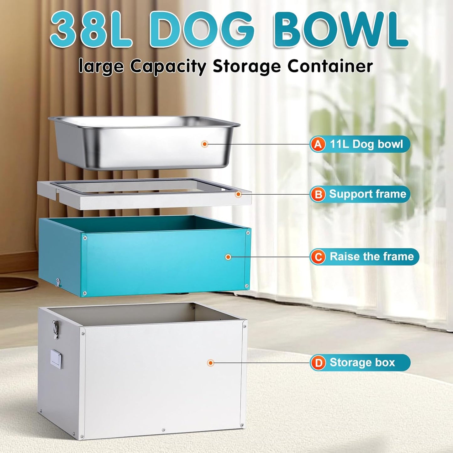 3Gal Elevated Dog Bowls with Storage Large Breed,Raised Dog Bowl Stand 38L Pet Food Toy Storage Container Stainless Steel Water Bowl Feeder 3 Adjust Heights Feeding Station (L)