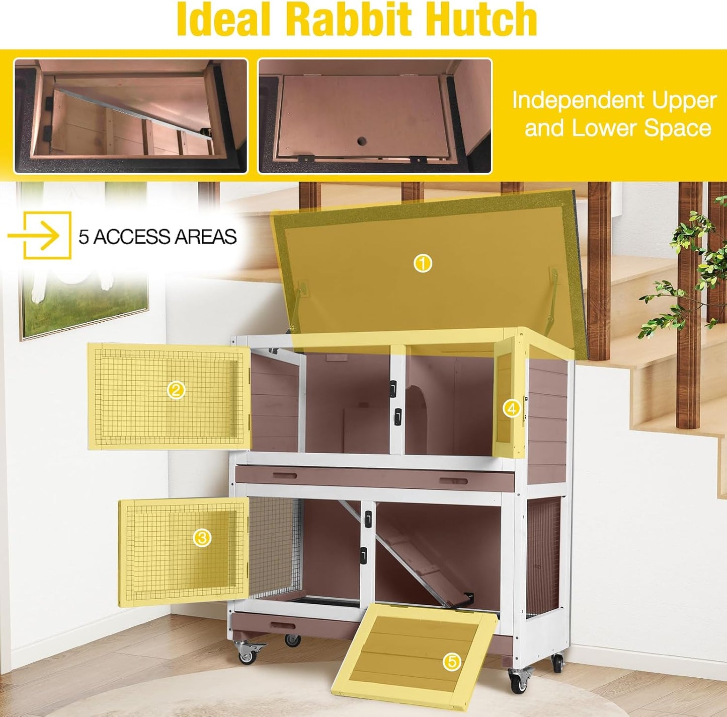 Aivituvin Rabbit Hutch Indoor Bunny Cage Outdoor 2 Story Pet House Guinea Pig Cage on Wheels 36" (Brown)