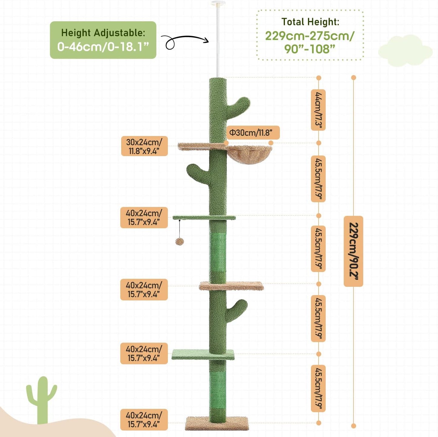 PAWZ Road Cat Tree, Cactus Floor to Ceiling Cat Tower with Adjustable Height(95-108 Inches), 5 Level Cat Climbing Tower with Cozy Hammock, Platforms and Dangling Balls for Indoor Cats