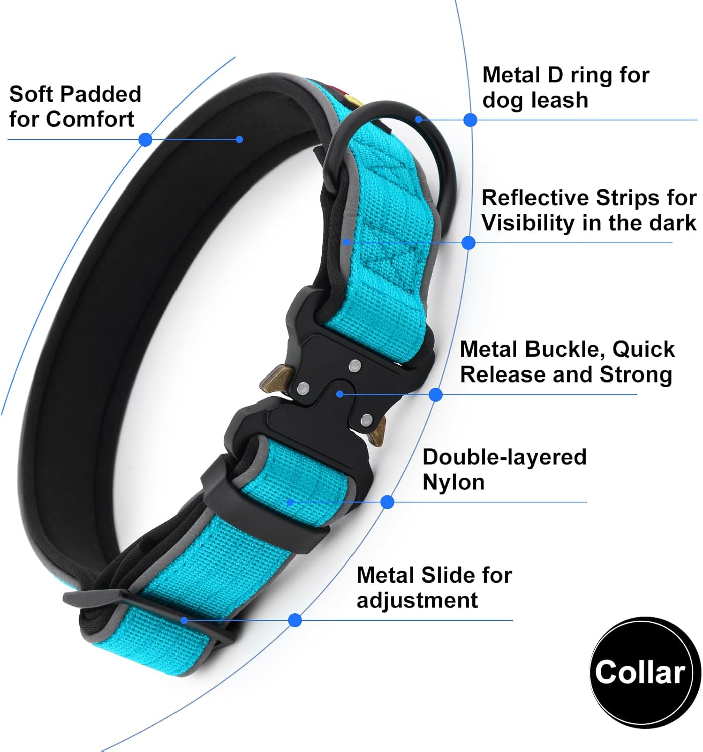 Plutus Pet Tactical Dog Collar, Reflective, Adjustable Heavy Duty Dog Collar, Soft Padded and Comfortable, for Small Medium and Large Dogs (Cyan, XS)