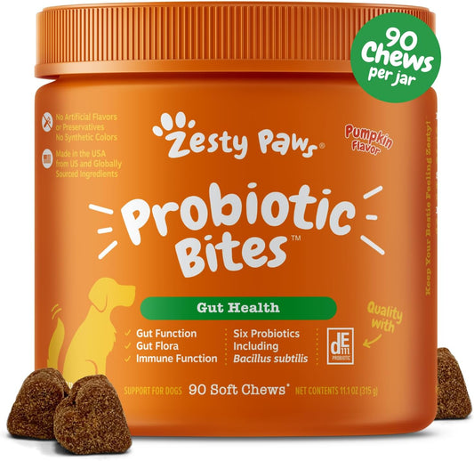 Zesty Paws Probiotics for Dogs - Digestive Enzymes for Gut Flora, Digestive Health, Diarrhea & Bowel Support - Clinically Studied DE111 - Dog Supplement Soft Chew for Pet Immune System - Pumpkin