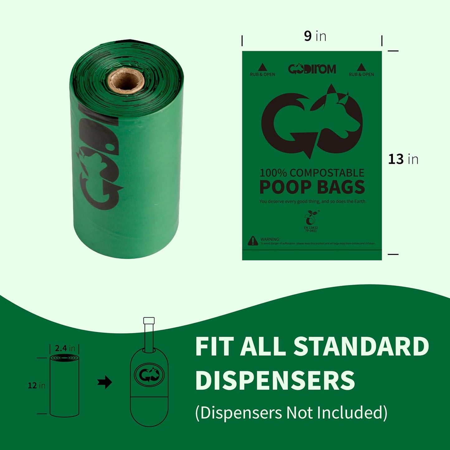 Certified 100% Compostable Poop Bags for Dogs, 270 Count Guaranteed Leak Proof and 18 Microns Extra Thick Dog Waste Bag, 18 Rolls of Plant Based Doggie Poop Bag, No Scented with ASTM D6400 & EN13432