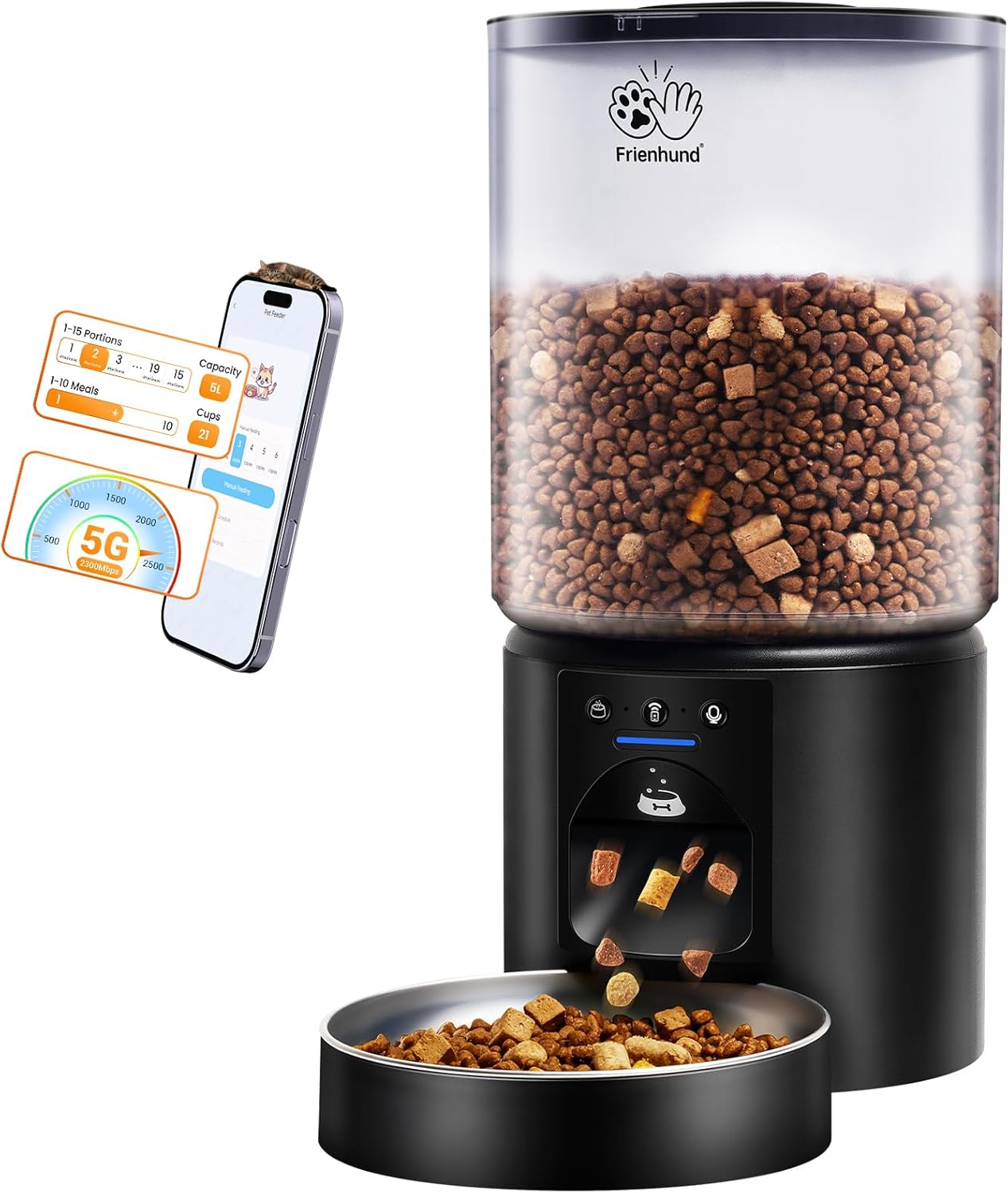 5L Automatic Cat Feeder with Sealed Outlet: 5G WiFi Automatic Dog Feeder with APP Control, Auto Cat Food Dispenser with Voice Recording for Pets, Detachable for Easy Clean - 21 Cup