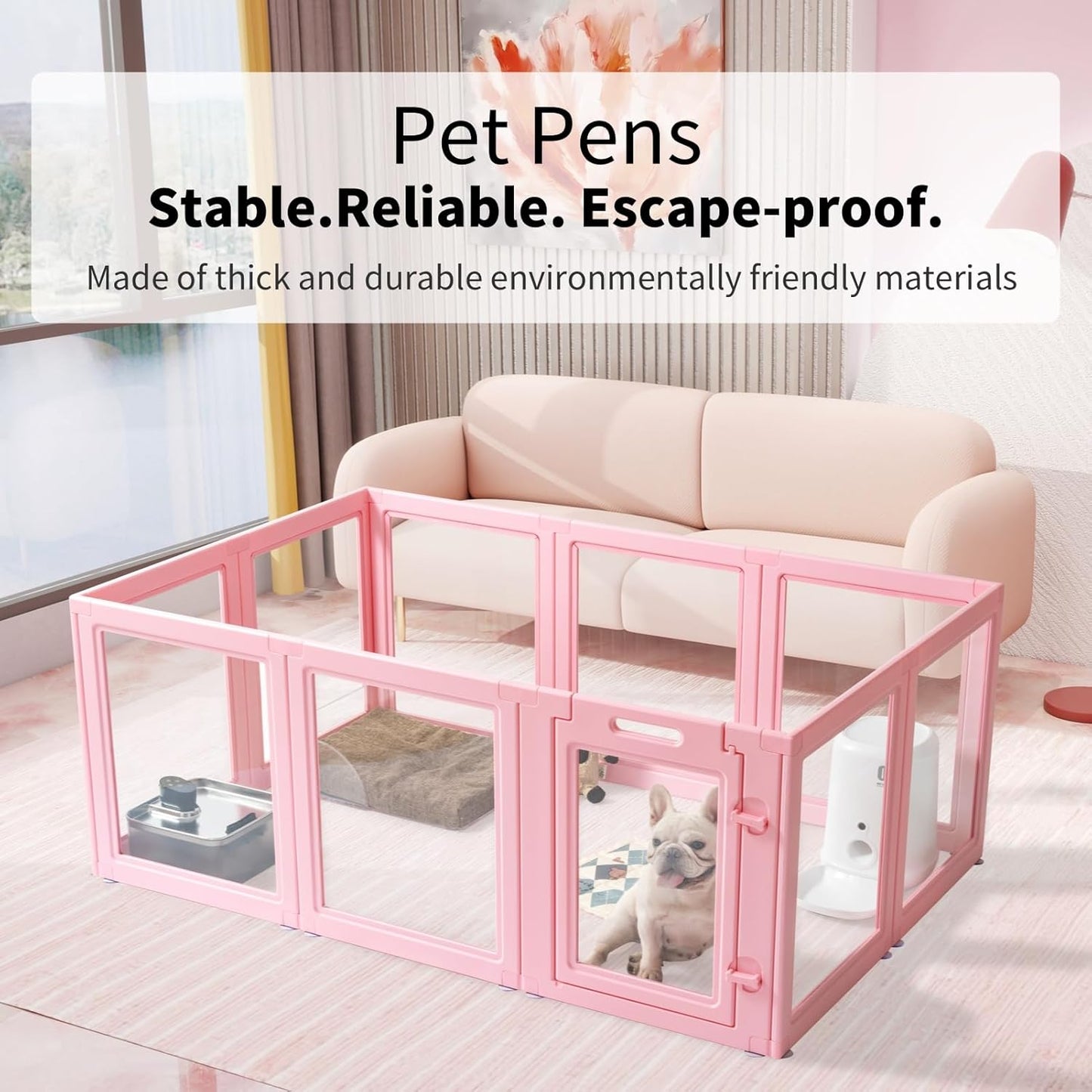 DIY Clear Acrylic Dog Playpen House,Quick Easy Assembly and Disassembly,Strong Floor Suction,Indoor and Outdoor Use,Easy Cleansing Puppy Fence (Sakura Pink, 23.6" H, 10PCS)