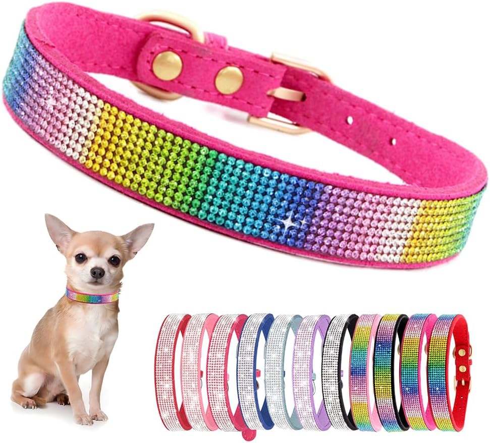 Rhinestone Dog Collar for Small Dogs, Bling Diamond Fancy Crystal Glitter Pretty Jewel Pet Puppy Collars for XXS XS Small Medium Large Breed Girl Dogs Female Cats Kitten, Colorful Hot Pink XXSmall