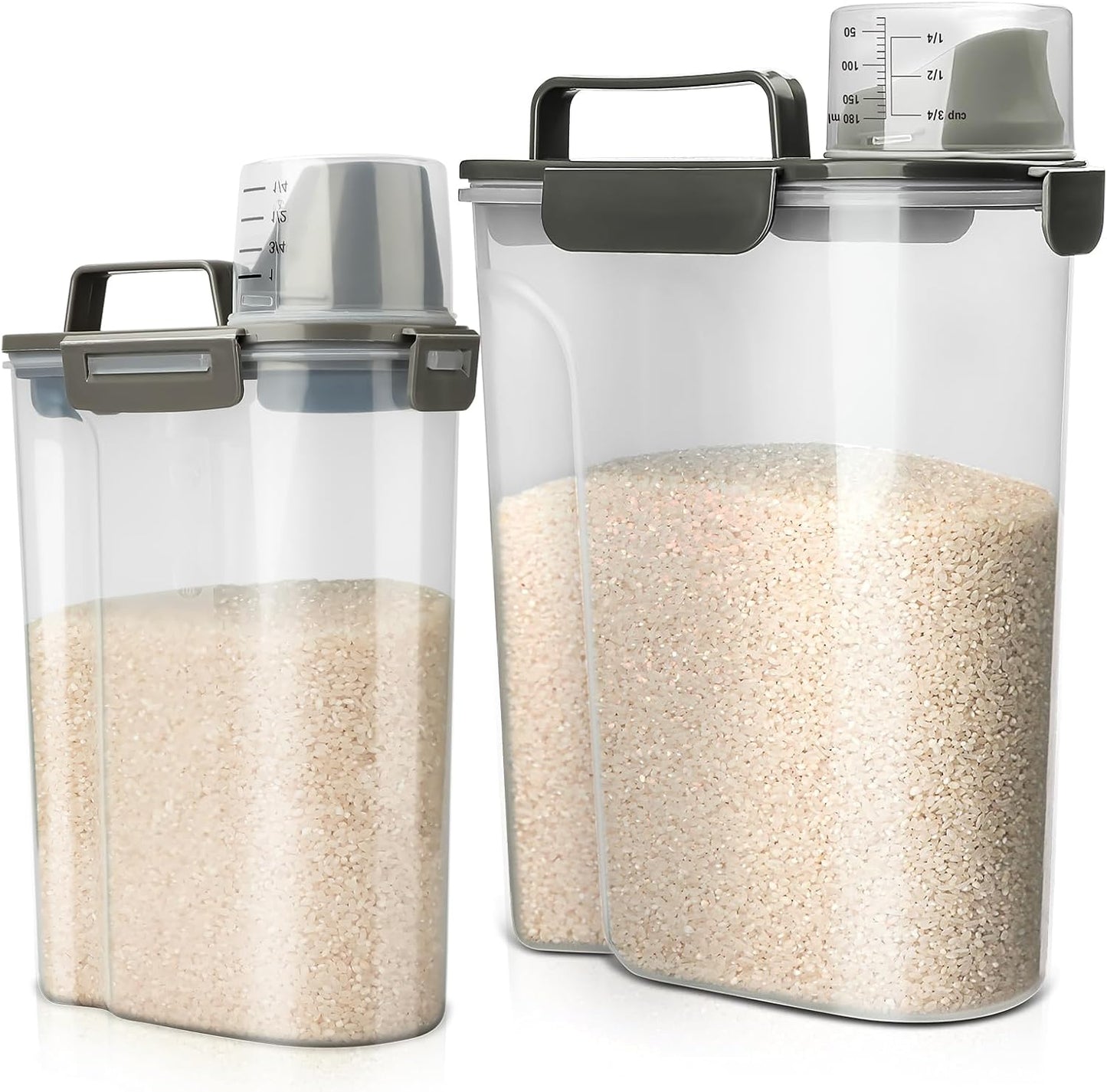 Rice Storage Container, 5 to 10lb Dry Food Airtight Dispenser, Pet Dog Cat Food Canister, BPA Free Clear Plastic Kitchen and Pantry Bin for Oatmeal, Cereal, Pasta, Flour Pack of 2 Grey