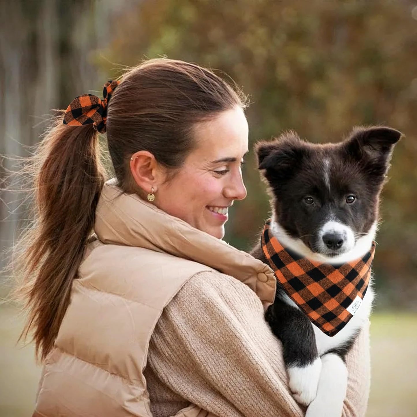 E-Clover Fall Dog Bandana & Matching Scrunchie-Orange Black Dog Bandanas Plaid Pet Scarf Bib for Medium Large Dogs Girl Boy Owner Gift Orange Black