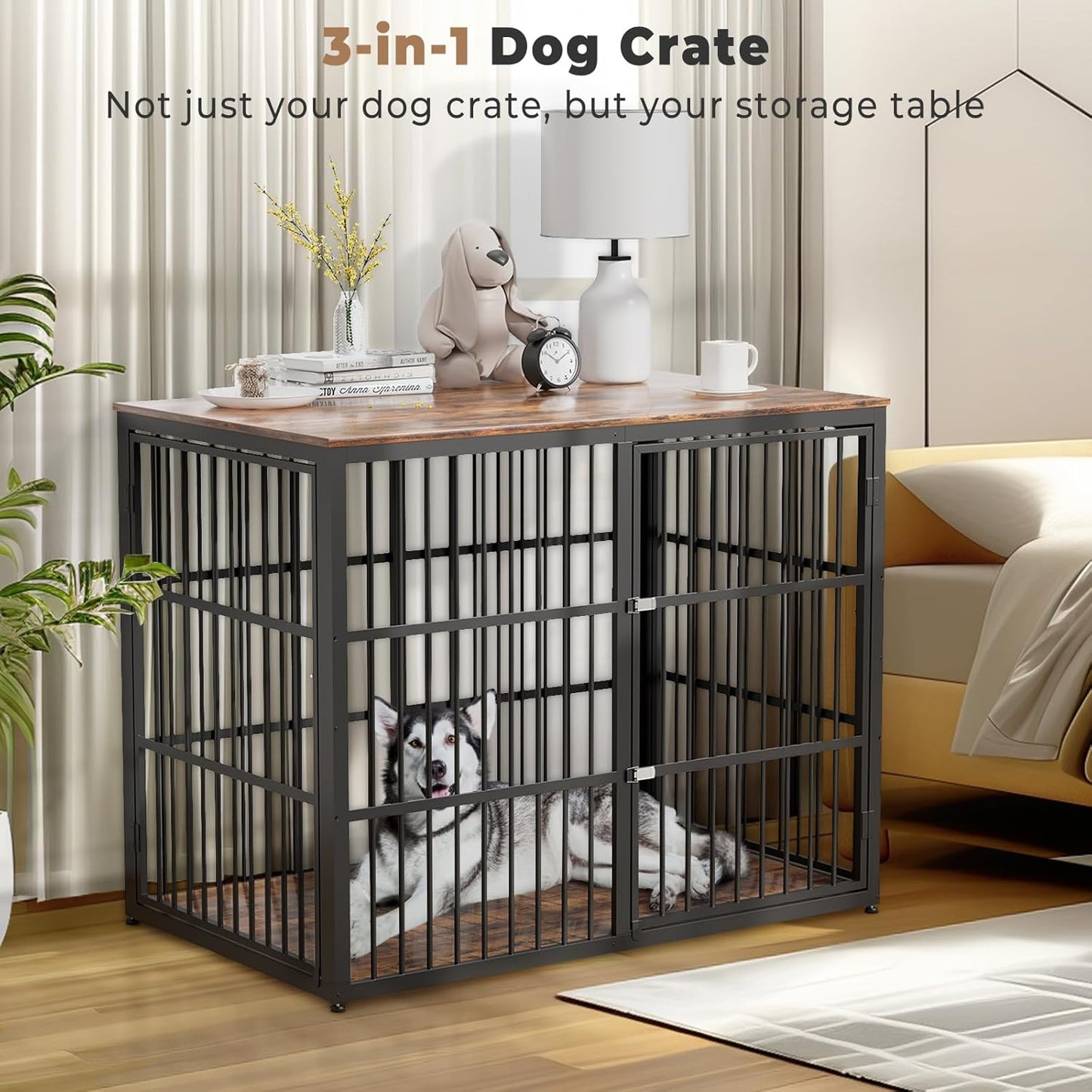 Lyromix 48'' XXL Dog Crate Furniture with 3 Doors,Wooden Crate End Table Heavy Duty Indoor Combination Cage for Medium to Large Dogs, Multiple Units Can be Combined