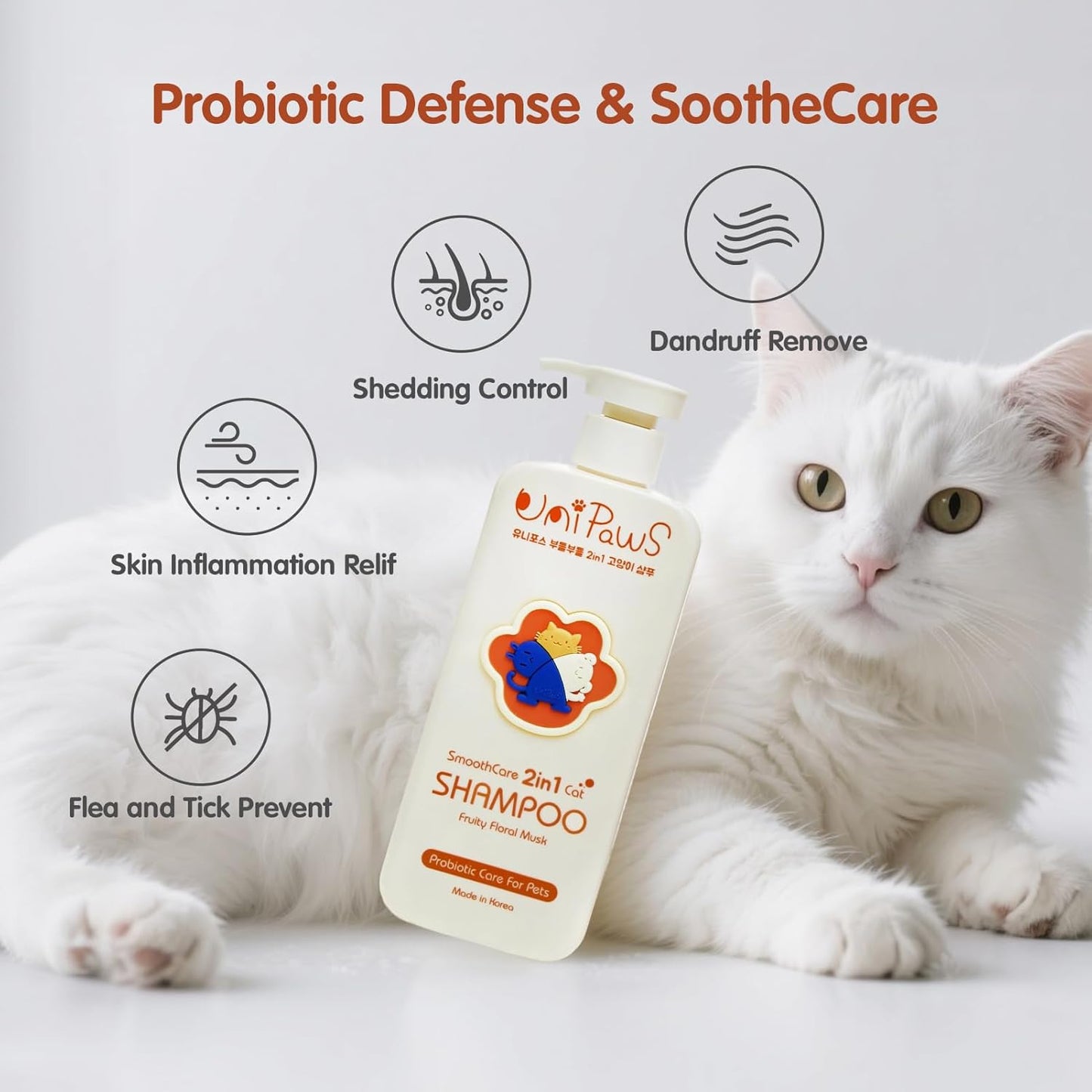 UNIPAWS Cat Shampoo & Conditioner 2-in-1, EWG Verified, Anti-Dandruff & Deshedding for Soft and Shiny Coat, Probiotics Smoothcare for Itchy, Dry Skin, Gifts for Cat Lovers, Made in Korea, 16.9 Fl Oz
