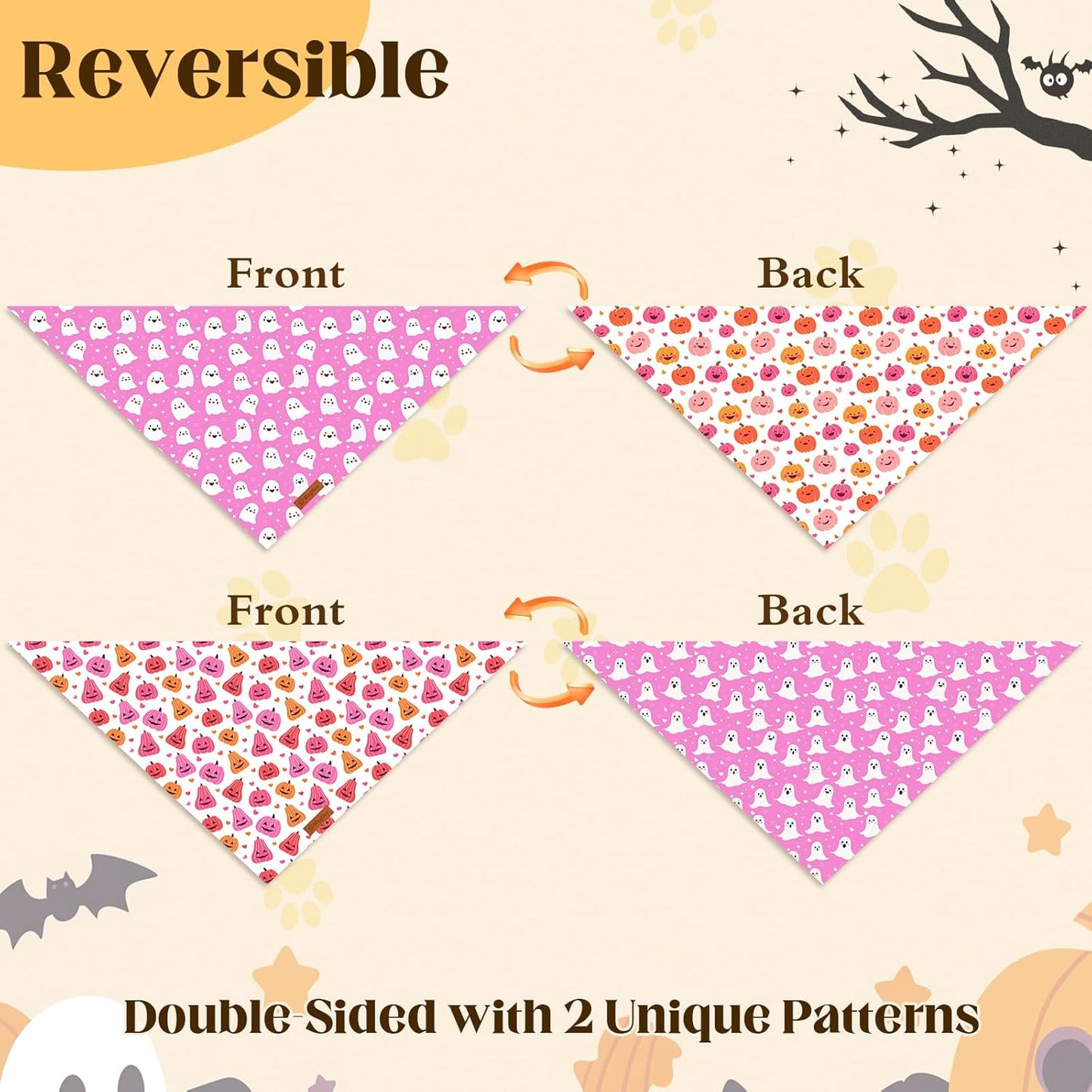 2 Pack Halloween Dog Bandanas,Leather Brand Logo, Double-Layed Soft Skin-Friendly Fabric, Autumn Scarf Accessory for Boys & Girls,Suitable for Halloween, Daily Walks & Family Outings