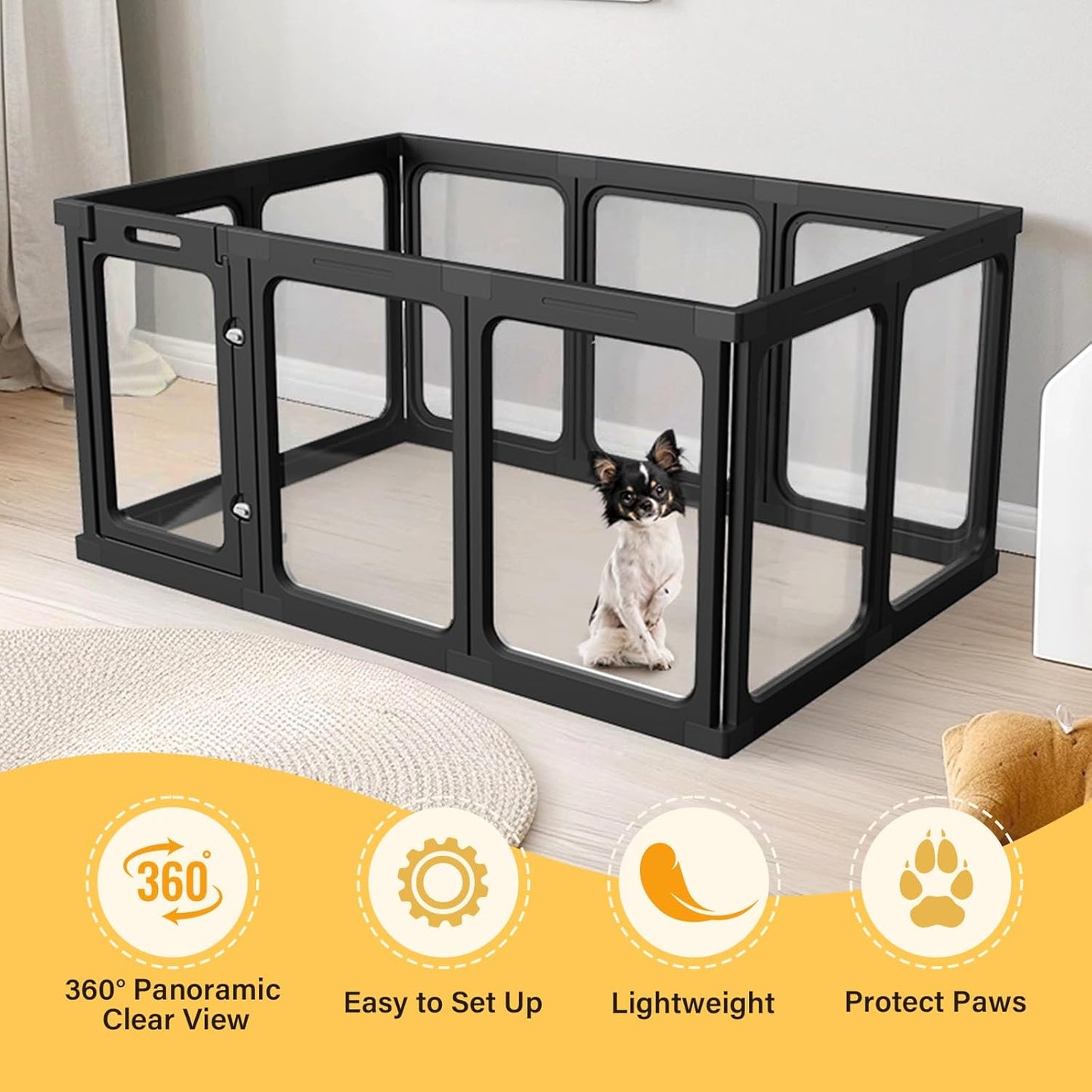 Acrylic Clear Dog Play Pen Indoor, Plastic Puppy Playpen with Door, Clear PlayPen for Dog Cat Rabbit Ferret, Easy Assemble Pen, Preferable Small Cage, 23.6" H, 10PCS, Black