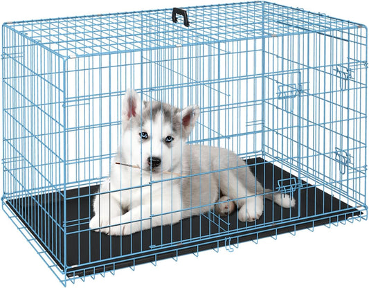 FDW Dog Crate for Small Dogs 24 Inch Folding Metal WirePet Cage Double Door W/Divider Panel Indoor Outdoor Kennel Leak-Proof Plastic Tray,Blue