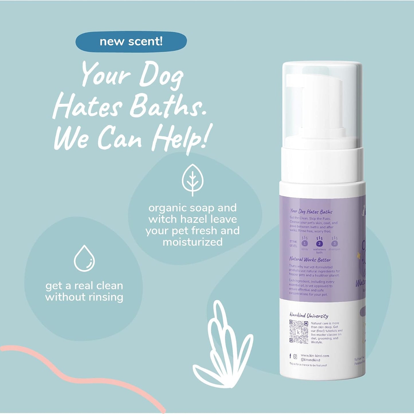 kin+kind Waterless Dry Shampoo for Dogs - Rinse-Free, Eliminate Itch and Odor, Natural Formula with Witch Hazel, Coconut Oil, Olive Oil and Lavender - Made in USA
