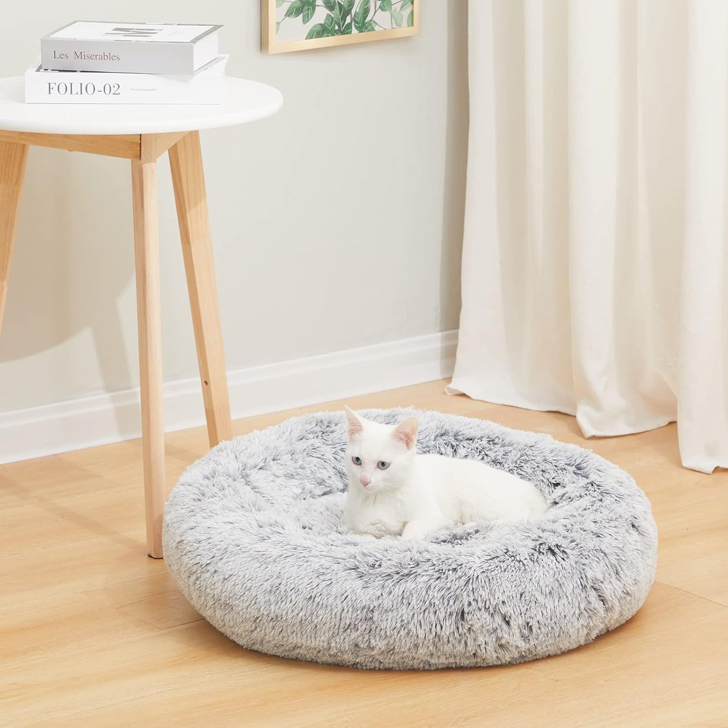 Bedfolks Calming Donut Dog Bed for Small Dogs & Cats, 23 Inches Round, Machine Washable, Anti-Anxiety Plush Bed (Dark Grey, Small)