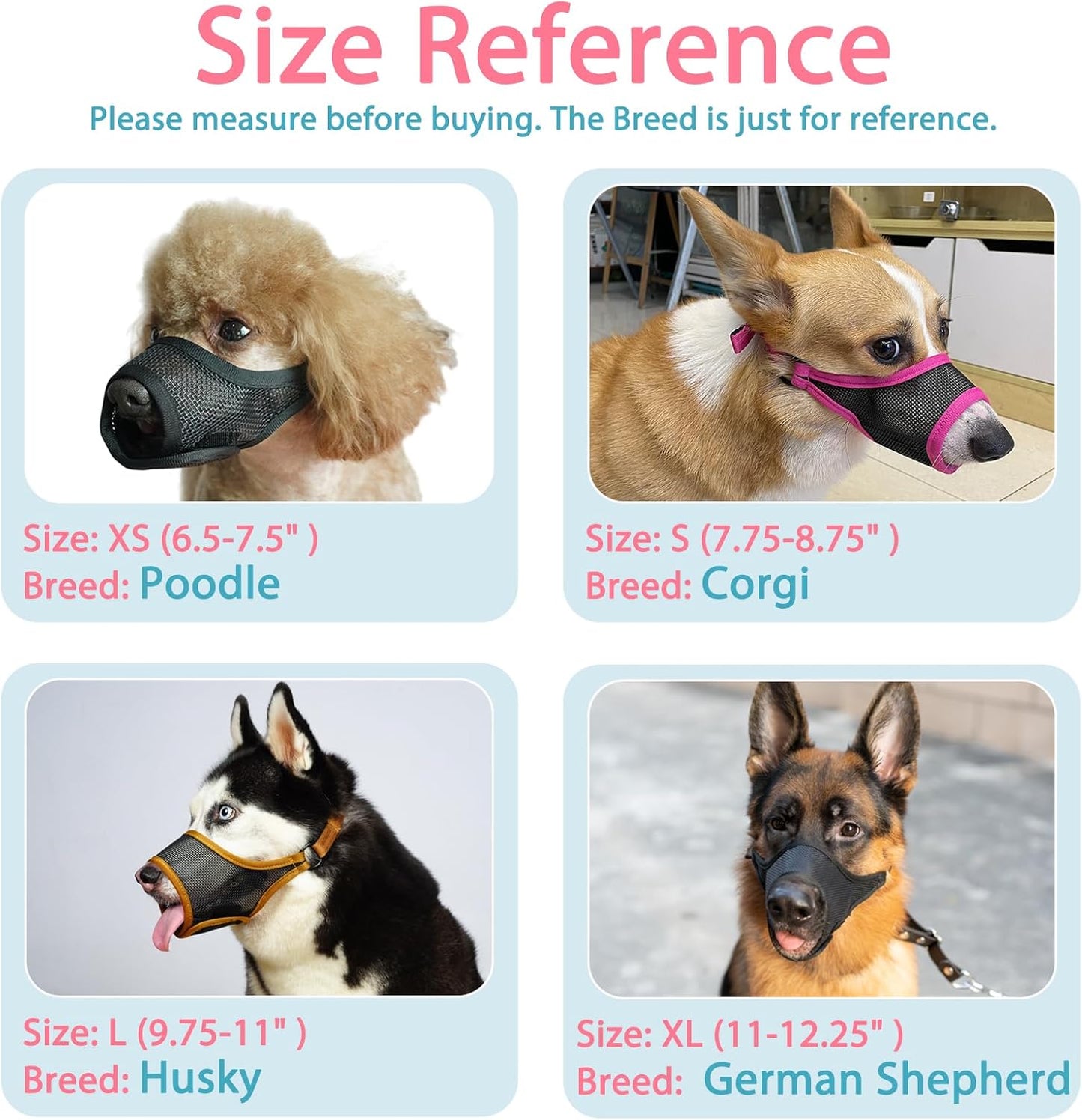 LUCKYPAW Dog Muzzle, Mesh Muzzle for Large Medium Small Dogs, Soft Mouth Guard for Biting Chewing, Breathable Mouth Guard with Adjustable Strap for Training(Black, L(Snout:9.75"-11"))