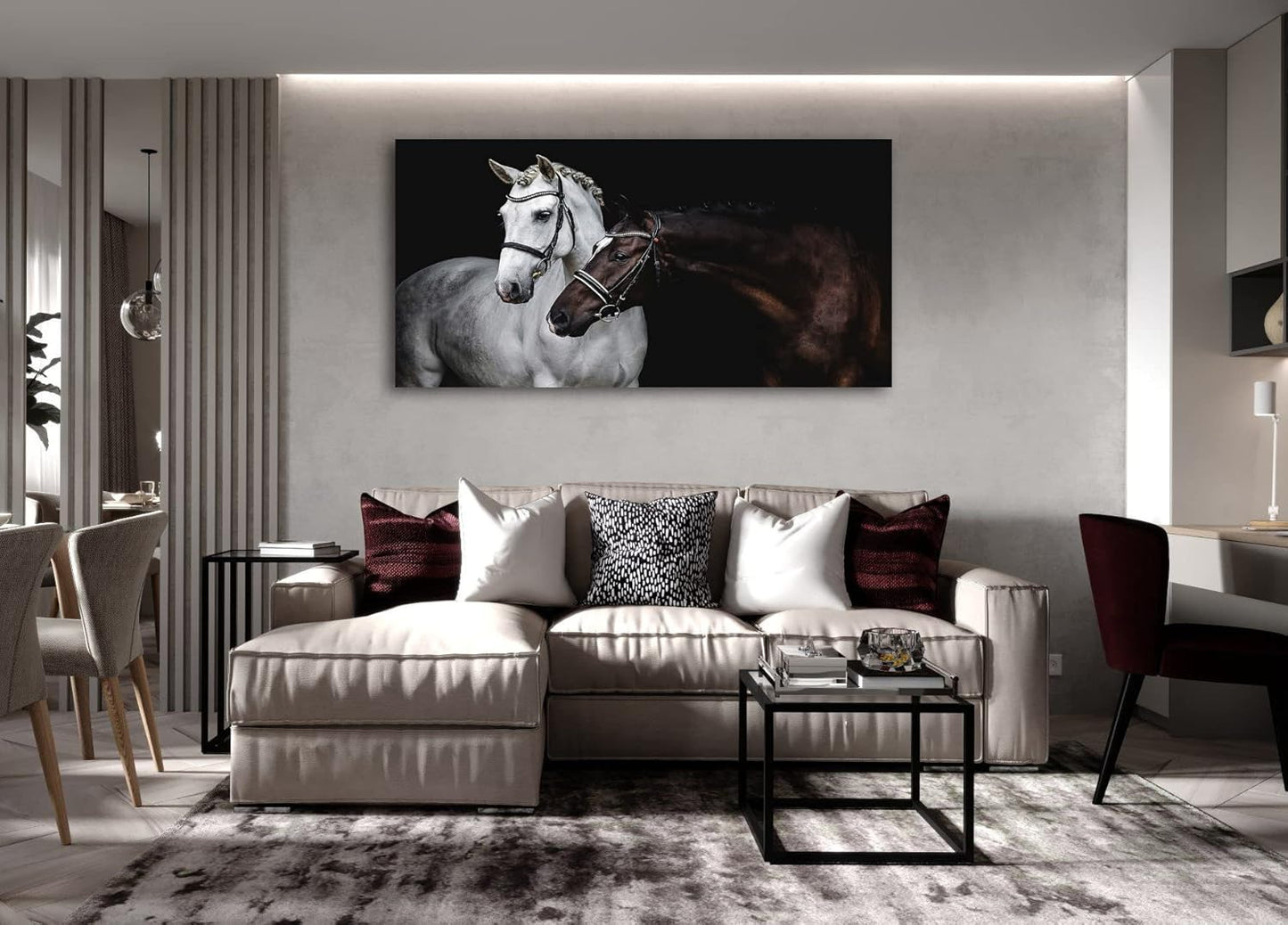 LK0650-Jiuqinghua Wall Art Canvas Print Picture White and Brown Horses 1 Panel Wild Animal Painting Artwork for Living Room Bedroom Office Home Wall Decor Stretched and Framed Ready to Hang