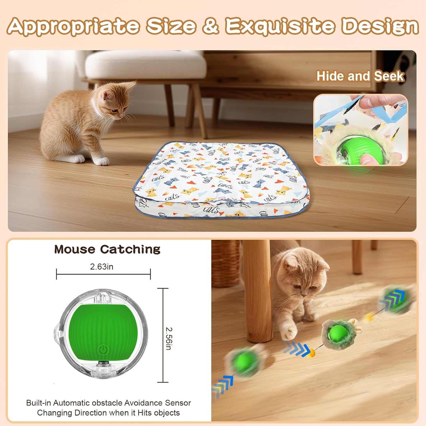 Rocfish Interactive Cat Toys Ball - Automatic Fast Rolling Ball in Play Mat, Hide and Seek Mouse Catching Game, Low-Noise Cat Enrichment Toys in Pouch for Indoor Bored Cats (Green Toy & Square Mat)