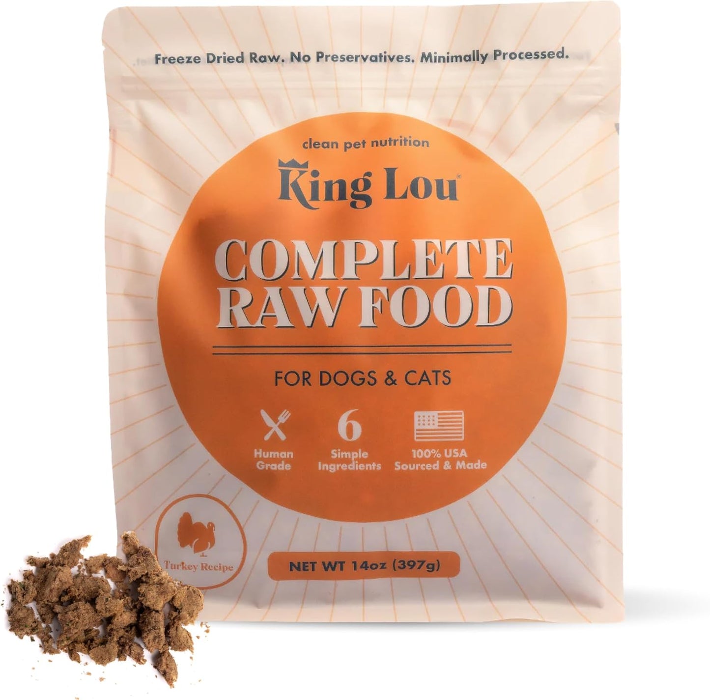 King Lou Pets - Human Grade Raw Food for Dogs and Cats - Complete Meal for Pets - Freeze Dried Turkey Recipe - 14oz