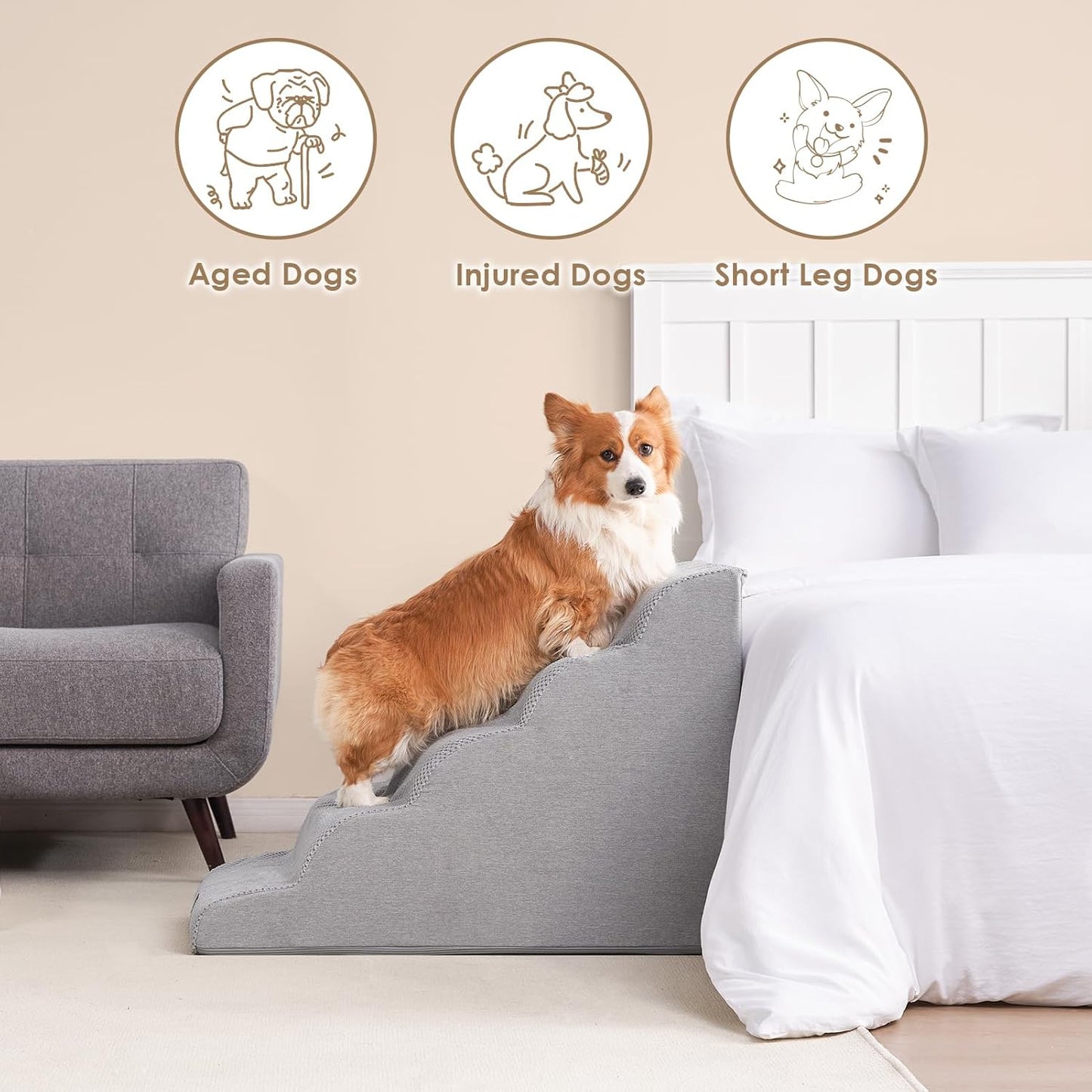 EHEYCIGA Curved Dog Stairs Ramp for High Beds, 5-Step Extra Wide Dog Steps for Small Dogs and Cats, Pet Stairs for High Bed Climbing, Non-Slip Balanced Pet Step Indoor, Light Grey