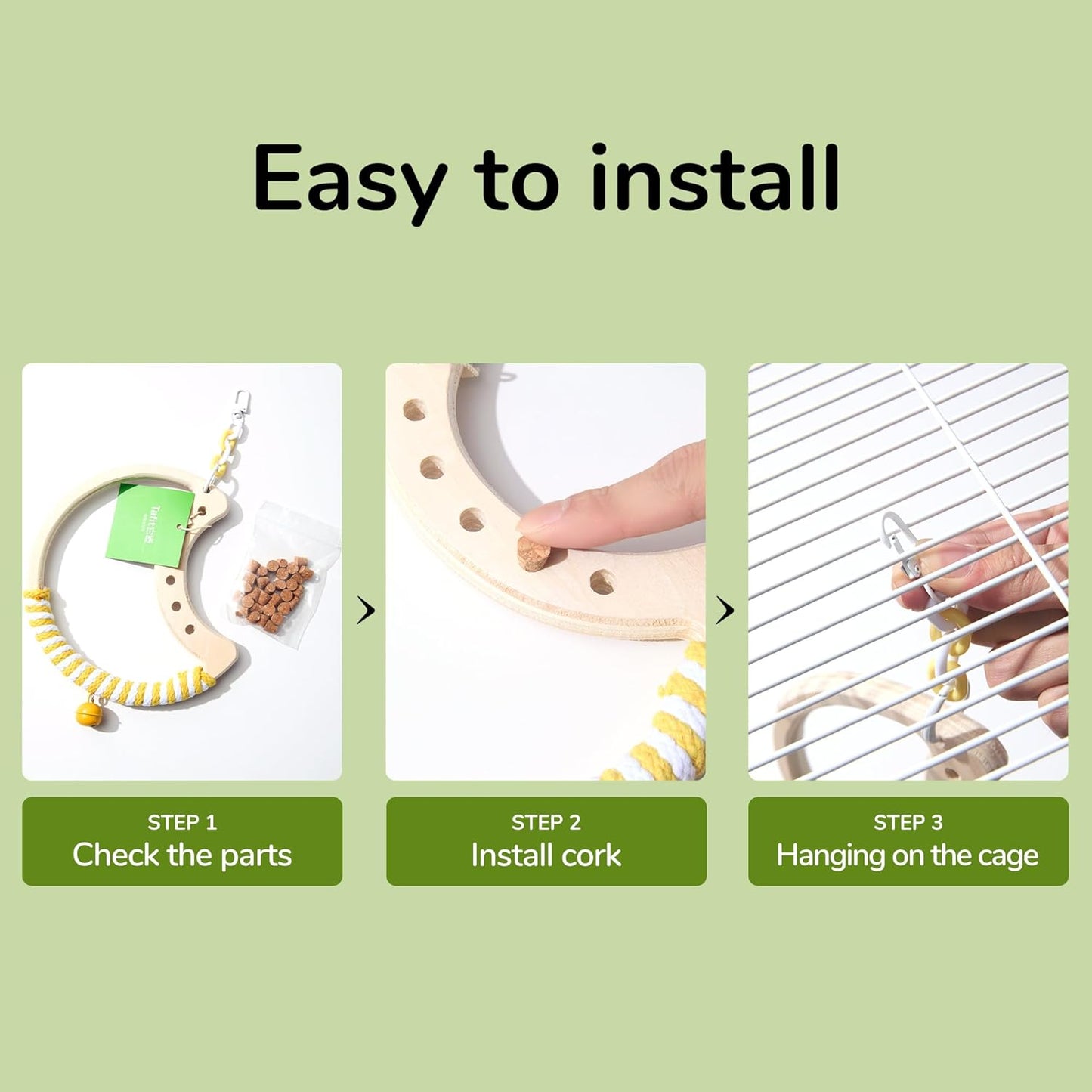 Natural Bird Swing - Moon-Shaped Parrot Perch with Bell and Cork Toys, Spinning Wooden Stand for Parakeets, Budgies, Lovebirds and Small/Medium Birds (White + Purple)