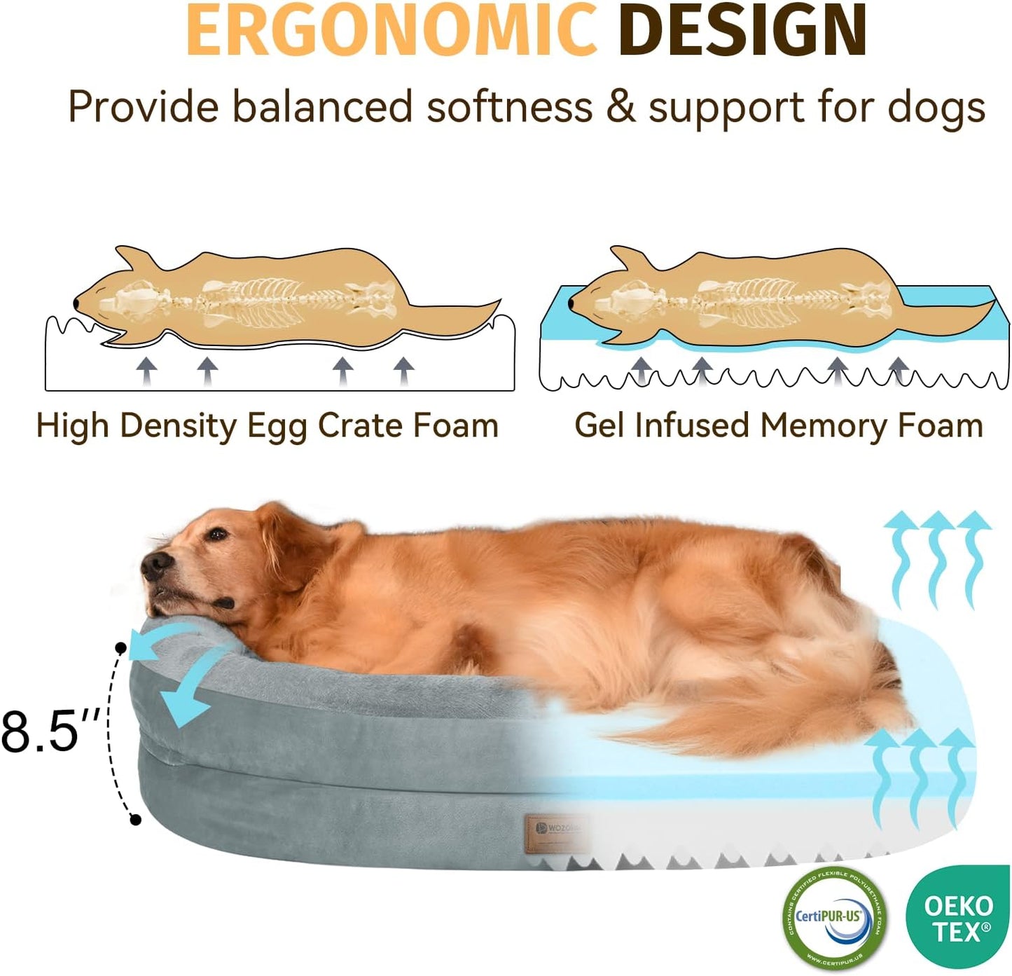 Orthopedic Washable Large Dog Bed: Cooling Dog Bed with Bolsters - Jumbo Bed Waterproof Removable Cover Non-Slip Pet Bed for Extra Large Sized - Grey